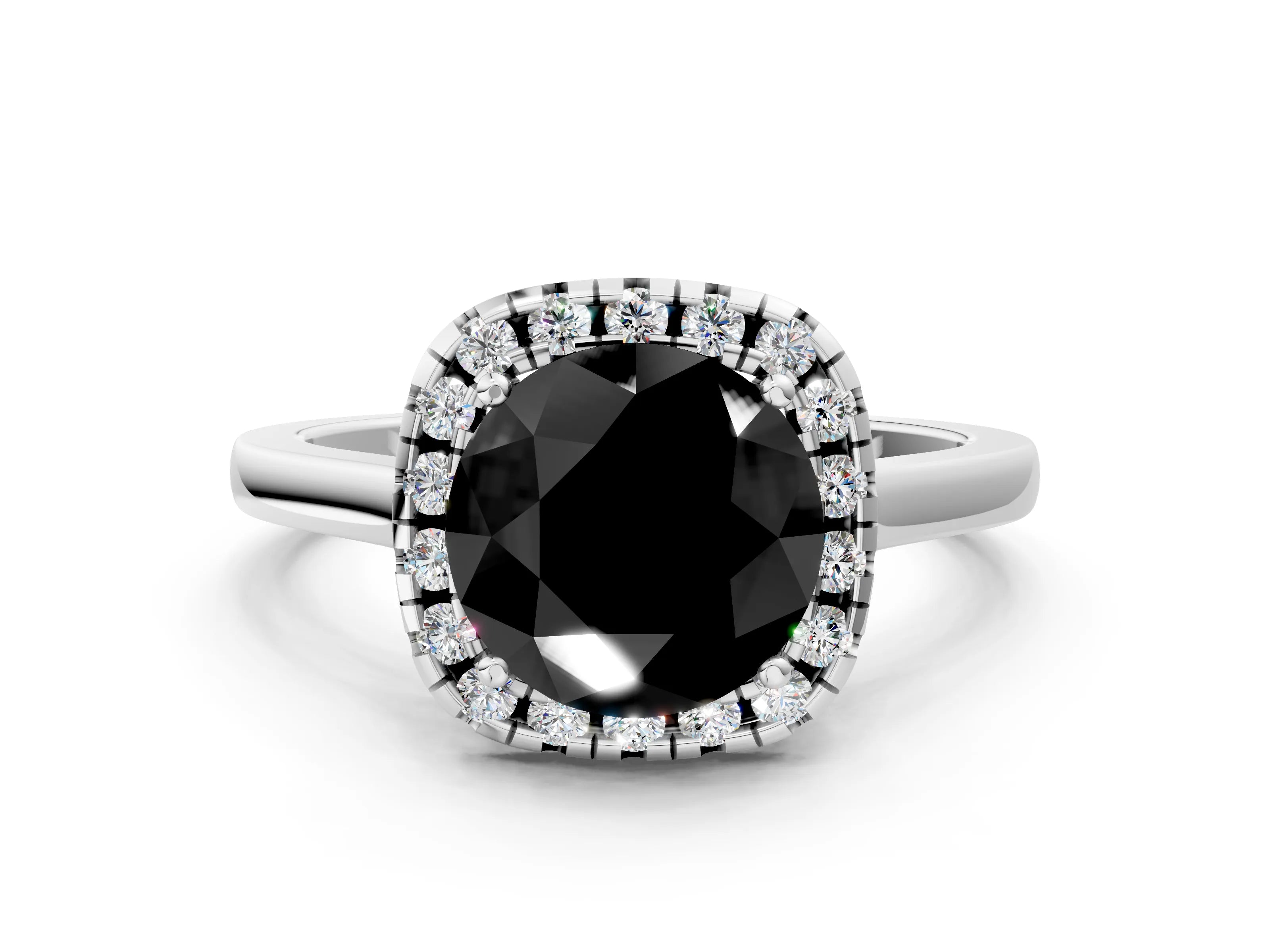 White gold Fancy Black Round Cut Halo Round Diamond Solitaire Ring with Pavé Band and Four-Prong Setting