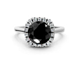 White gold Fancy Black Round Cut Halo Round Diamond Solitaire Ring with Pavé Band and Four-Prong Setting