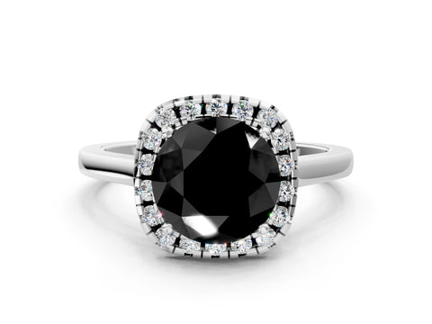 White gold Fancy Black Round Cut Halo Round Diamond Solitaire Ring with Pavé Band and Four-Prong Setting