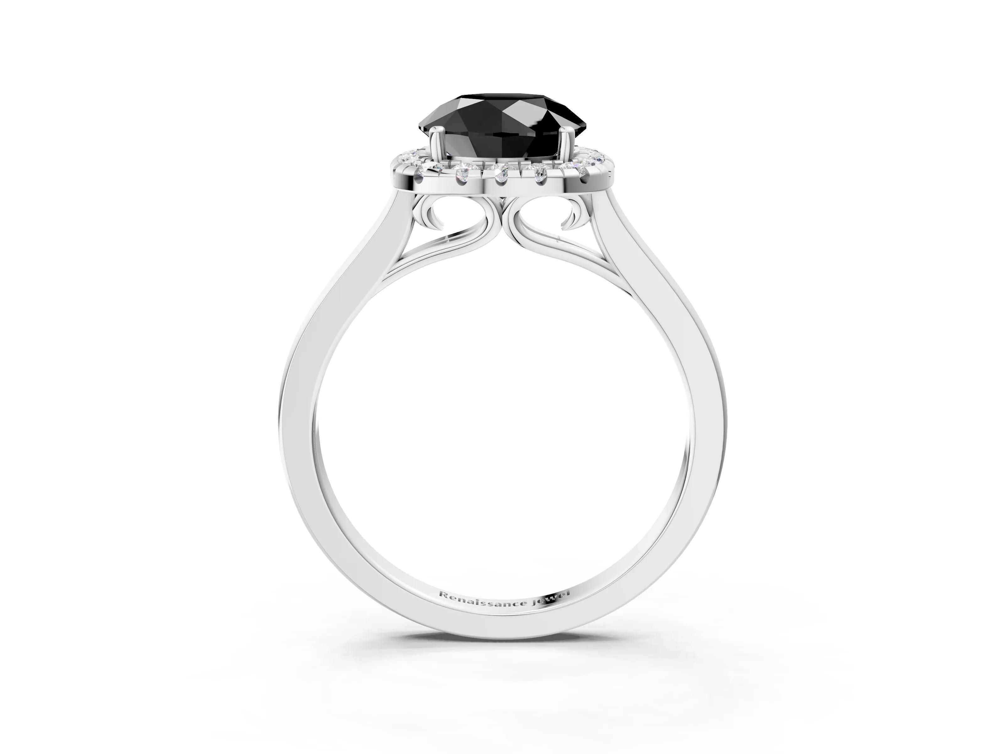 White gold Fancy Black Round Cut Halo Round Diamond Solitaire Ring with Pavé Band and Four-Prong Setting_3