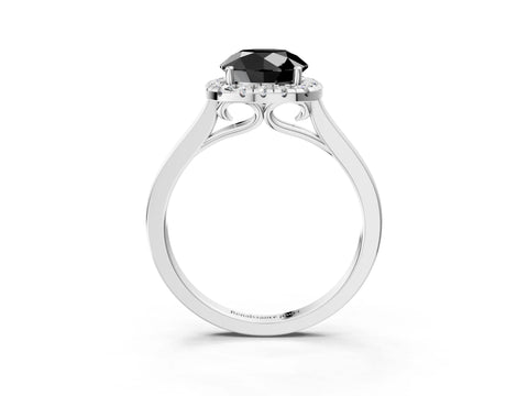 White gold Fancy Black Round Cut Halo Round Diamond Solitaire Ring with Pavé Band and Four-Prong Setting_3
