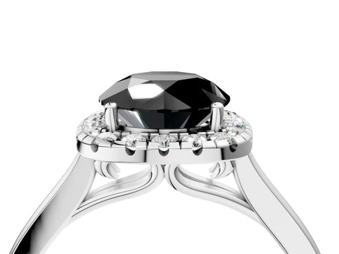 White gold Fancy Black Round Cut Halo Round Diamond Solitaire Ring with Pavé Band and Four-Prong Setting_4