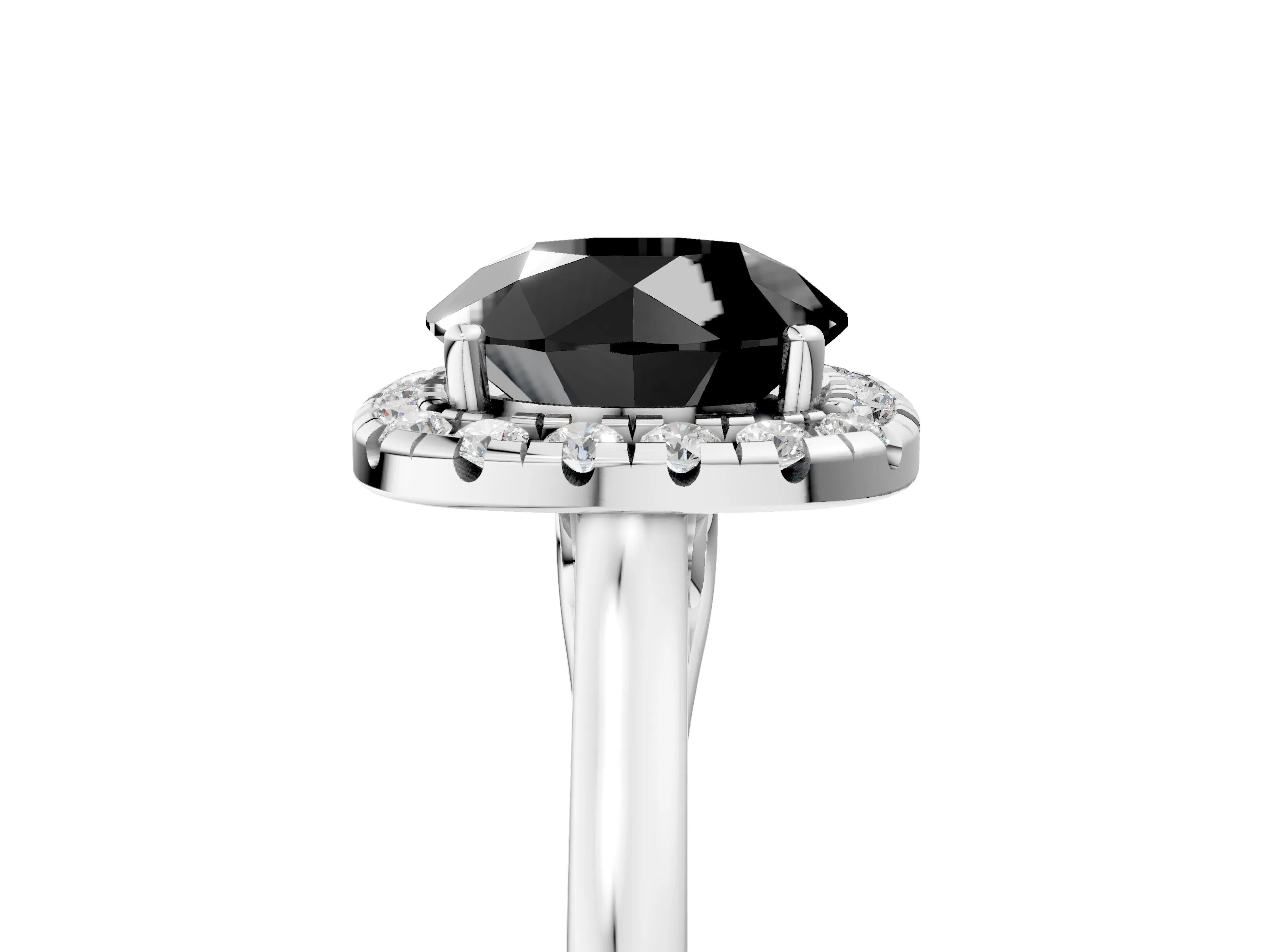 White gold Fancy Black Round Cut Halo Round Diamond Solitaire Ring with Pavé Band and Four-Prong Setting_5