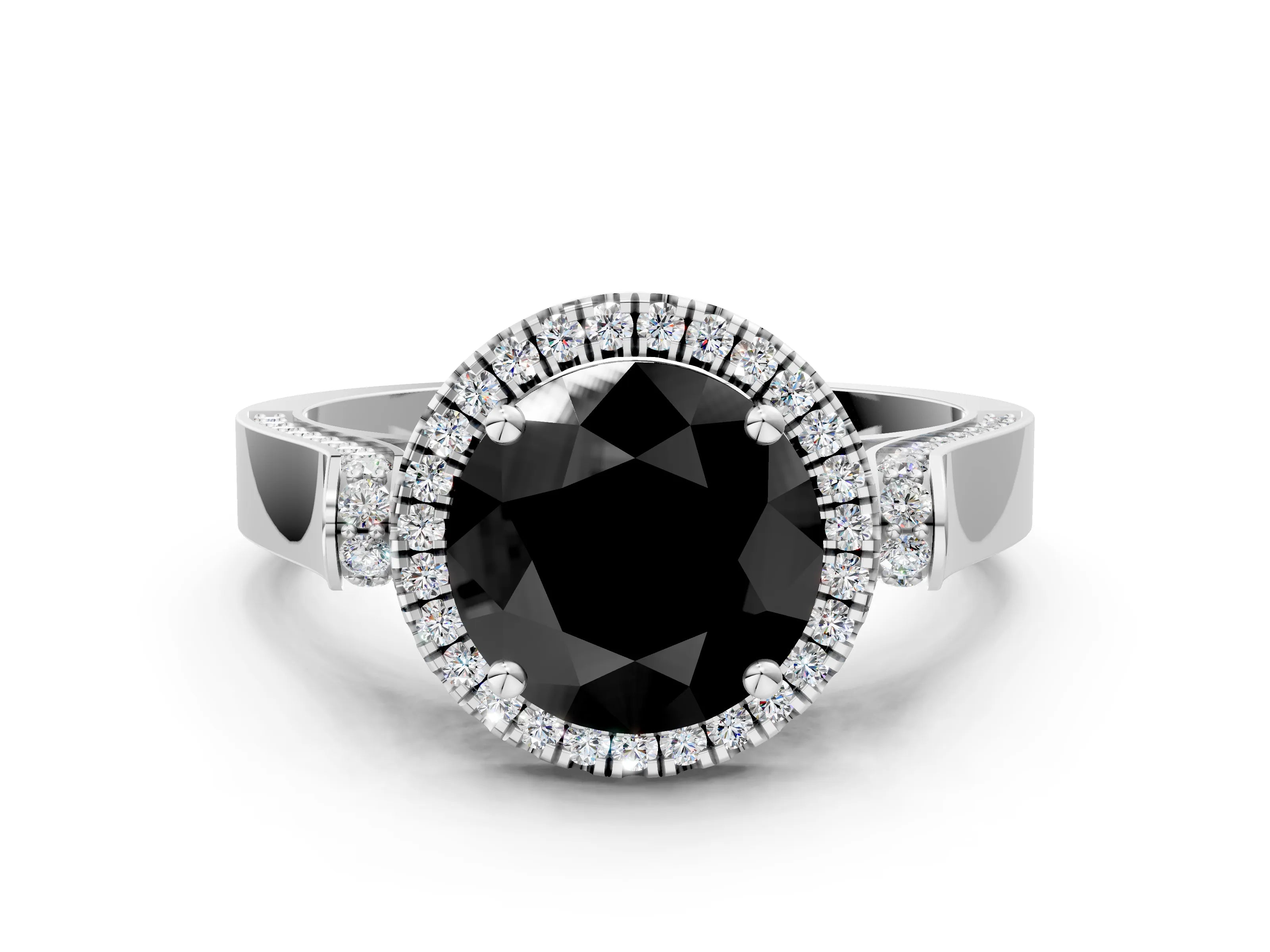 White gold Fancy Black Round Cut Halo Round Diamond Twist Band with Four-Prong Setting_24
