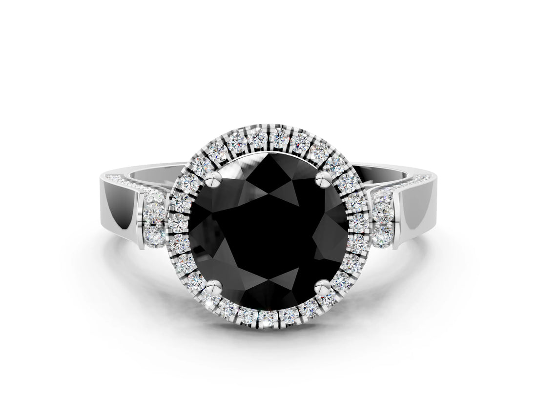 White gold Fancy Black Round Cut Halo Round Diamond Twist Band with Four-Prong Setting_24