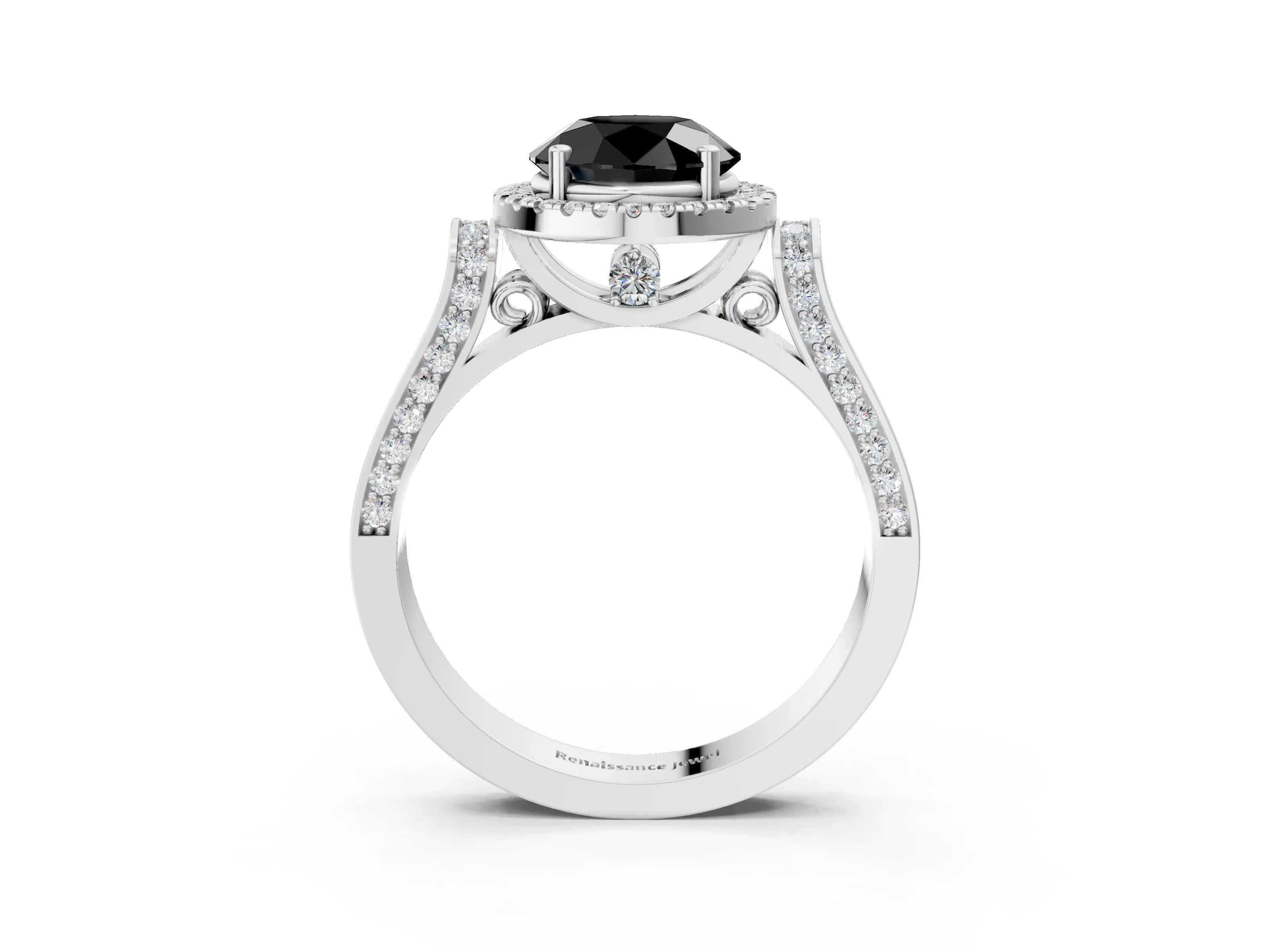 White gold Fancy Black Round Cut Halo Round Diamond Twist Band with Four-Prong Setting_27