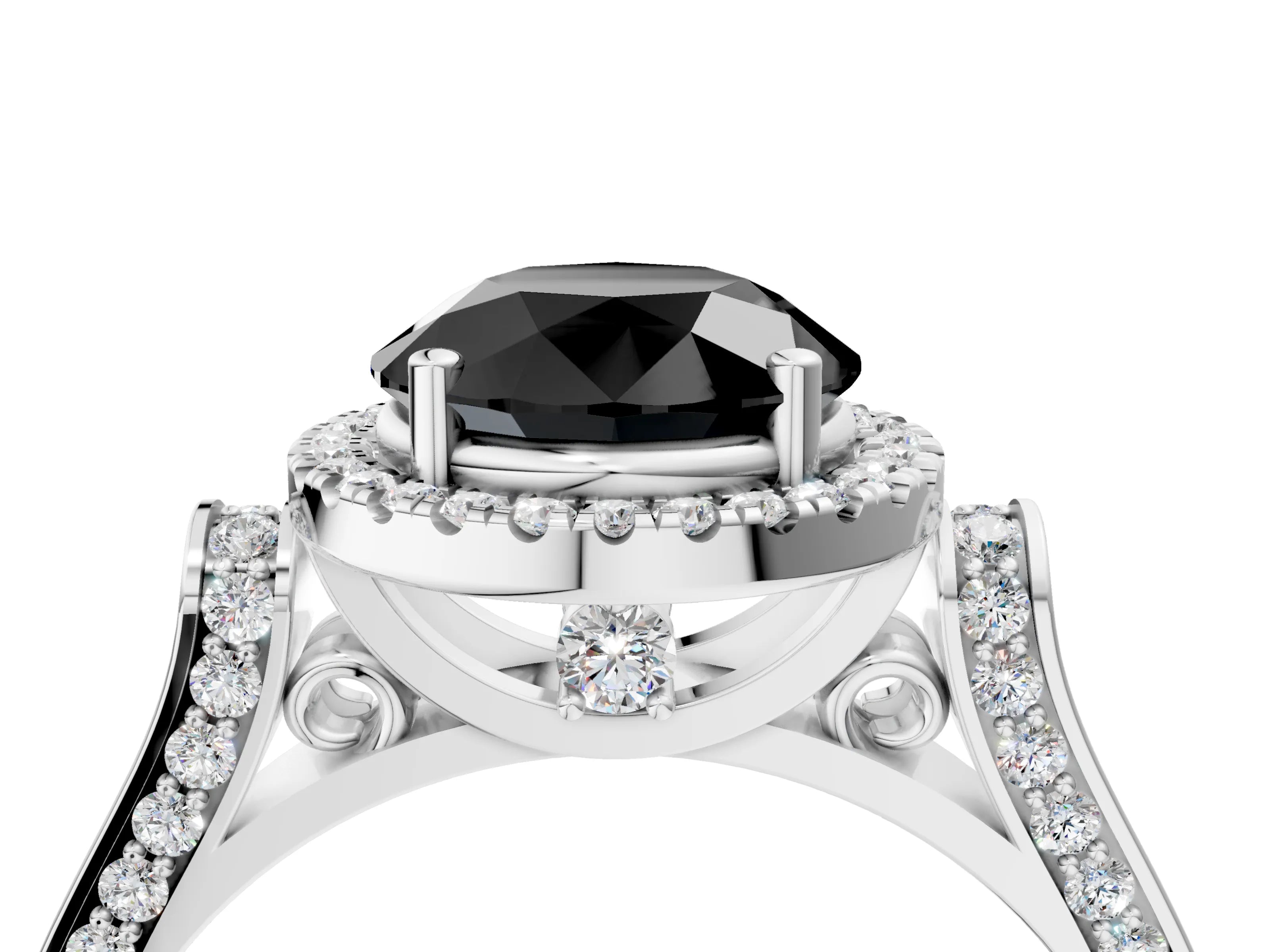 White gold Fancy Black Round Cut Halo Round Diamond Twist Band with Four-Prong Setting_28