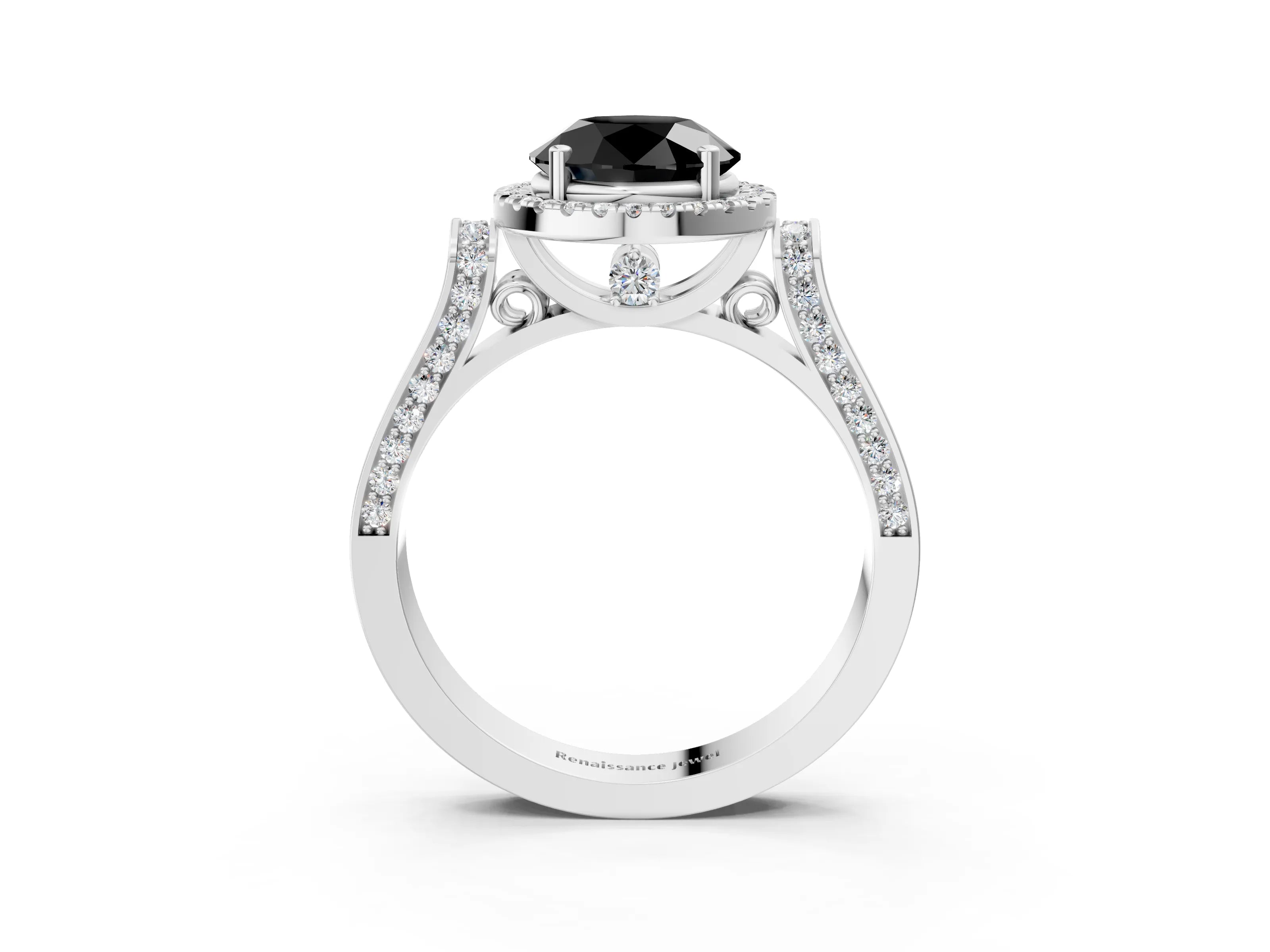 White gold Fancy Black Round Cut Halo Round Diamond Twist Band with Four-Prong Setting_3