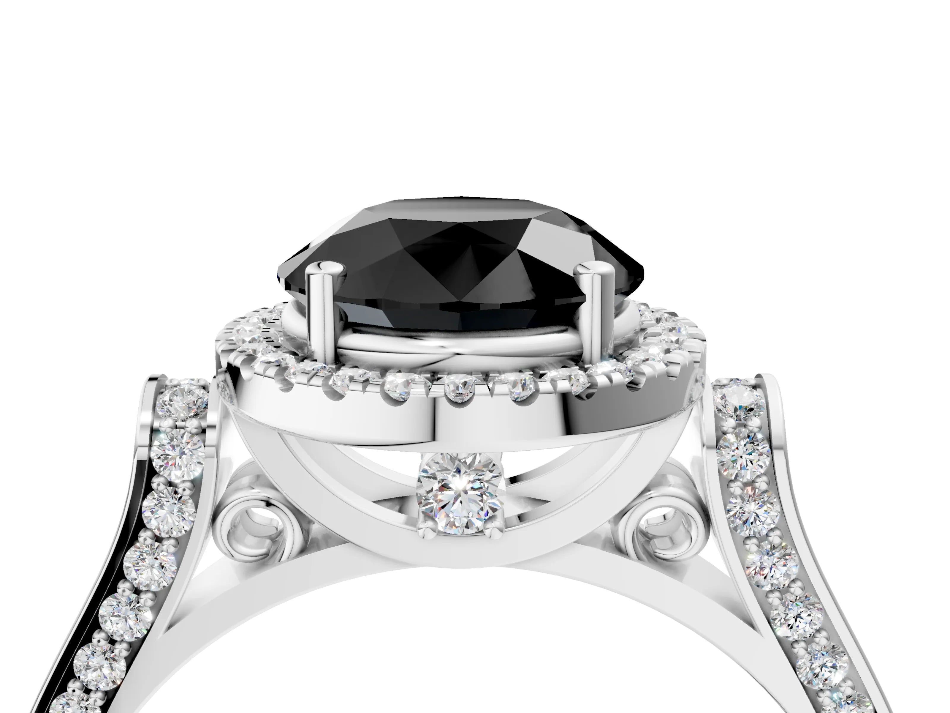 White gold Fancy Black Round Cut Halo Round Diamond Twist Band with Four-Prong Setting_4