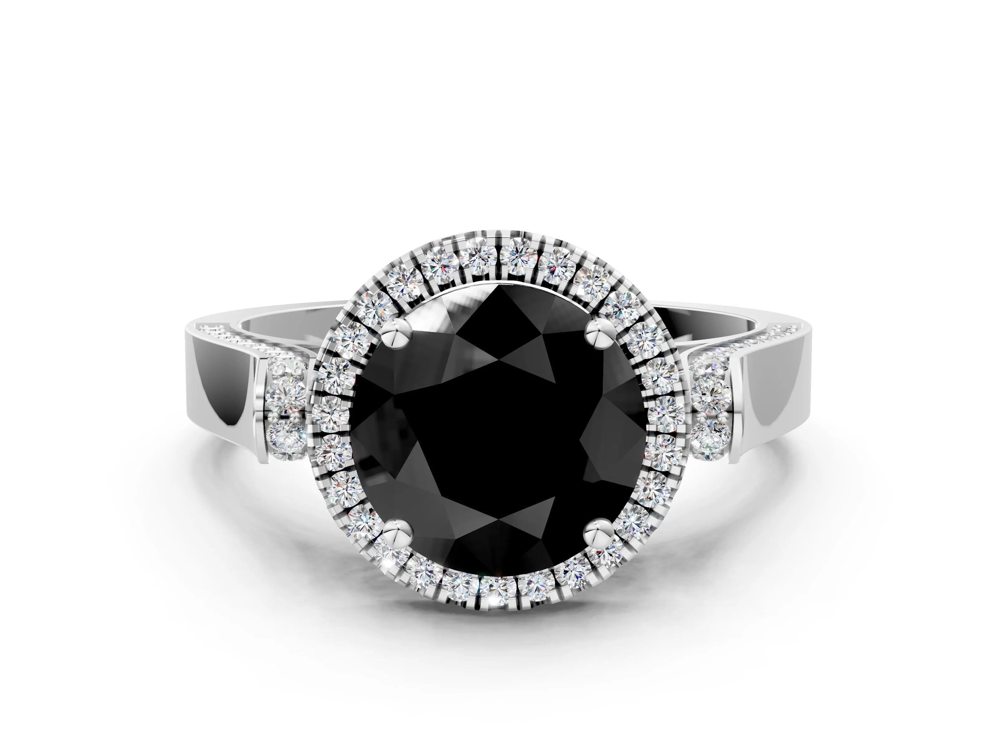 White gold Fancy Black Round Cut Halo Round Diamond Twist Band with Four-Prong Setting