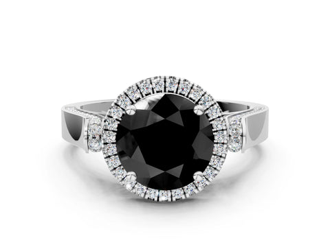 White gold Fancy Black Round Cut Halo Round Diamond Twist Band with Four-Prong Setting