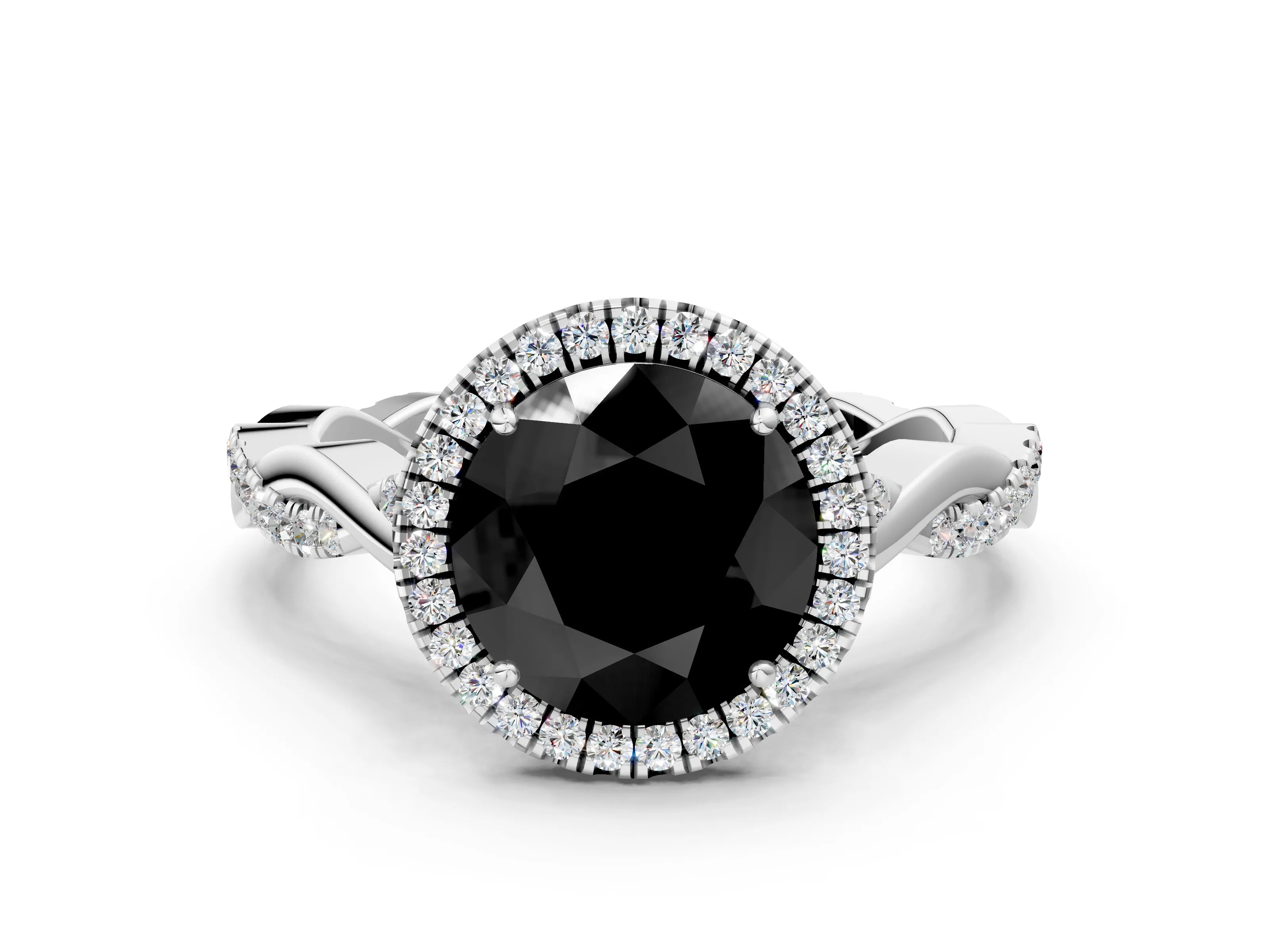 White gold Fancy Black Round Cut Halo Twist Band with Four-Prong Setting