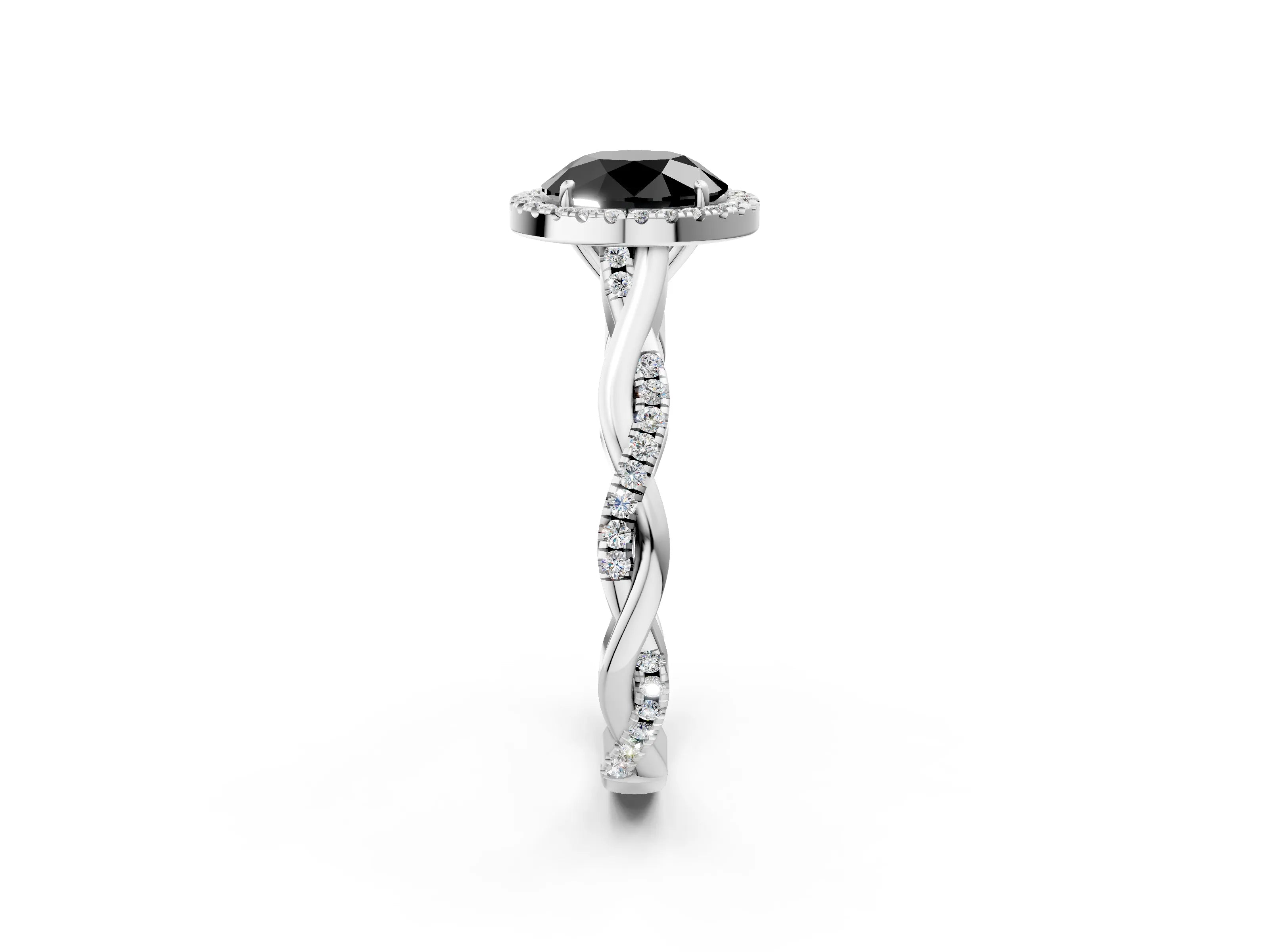 White gold Fancy Black Round Cut Halo Twist Band with Four-Prong Setting_2