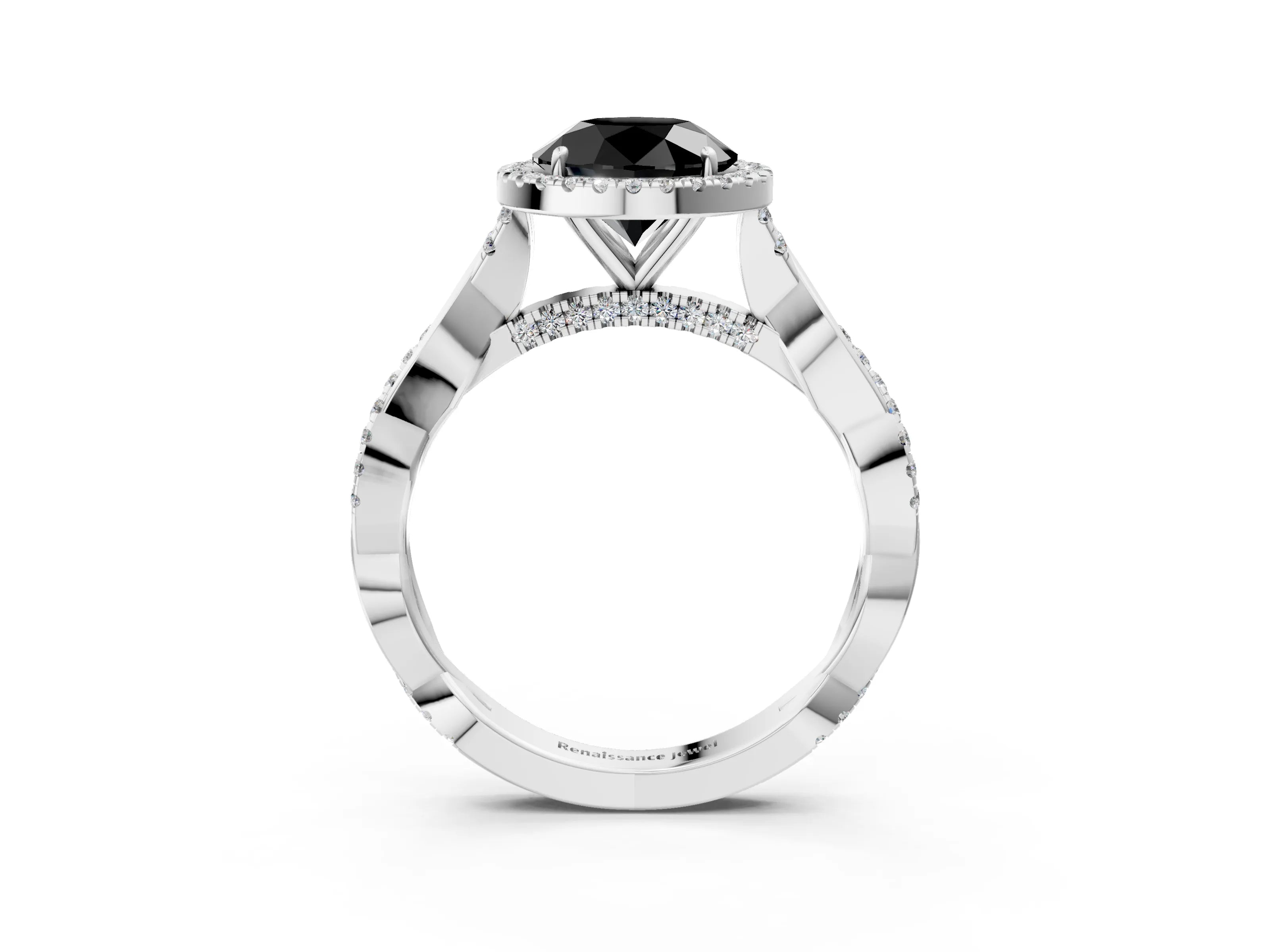 White gold Fancy Black Round Cut Halo Twist Band with Four-Prong Setting_3