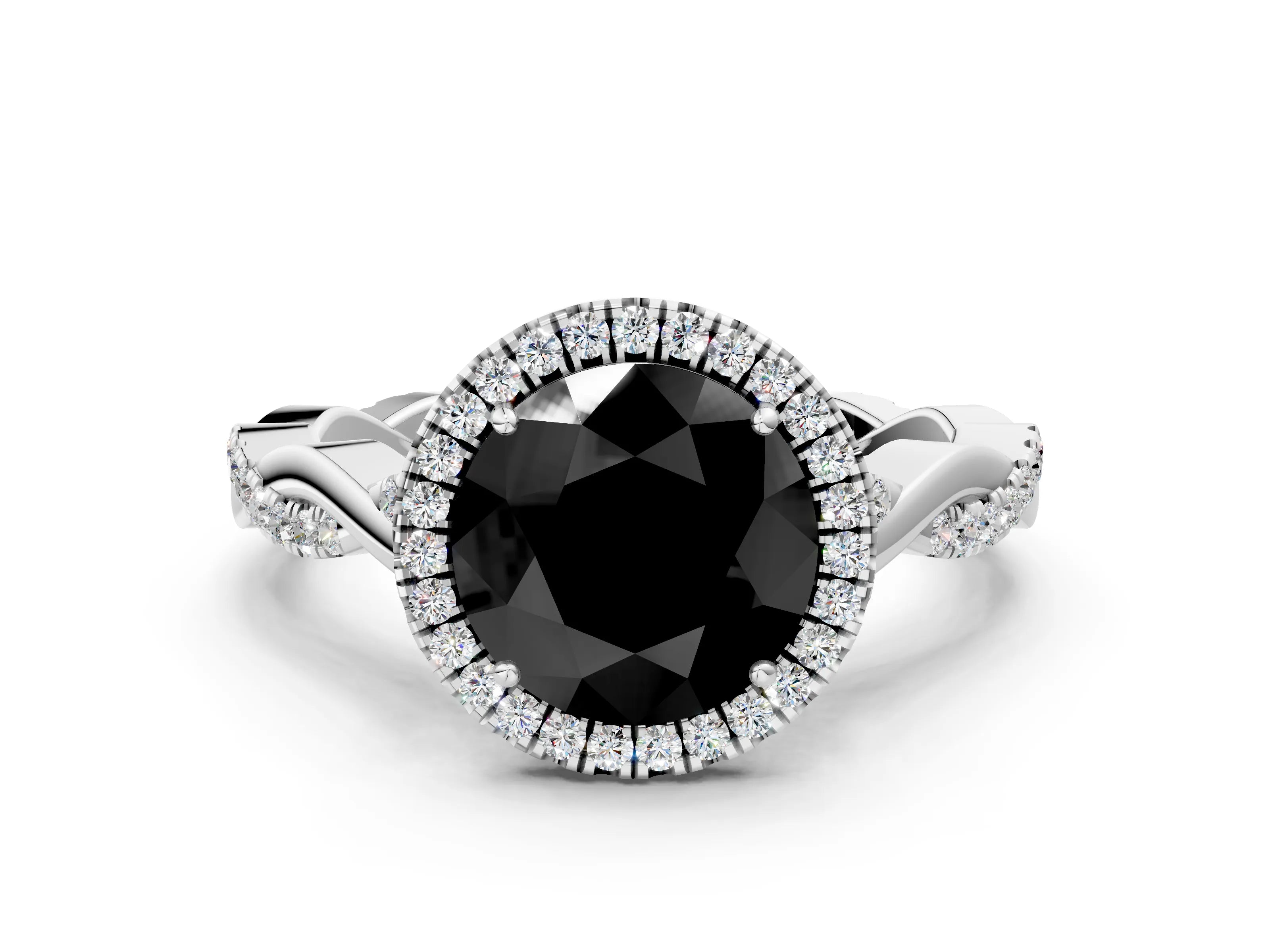 White gold Fancy Black Round Cut Halo Twist Band with Four-Prong Setting_72