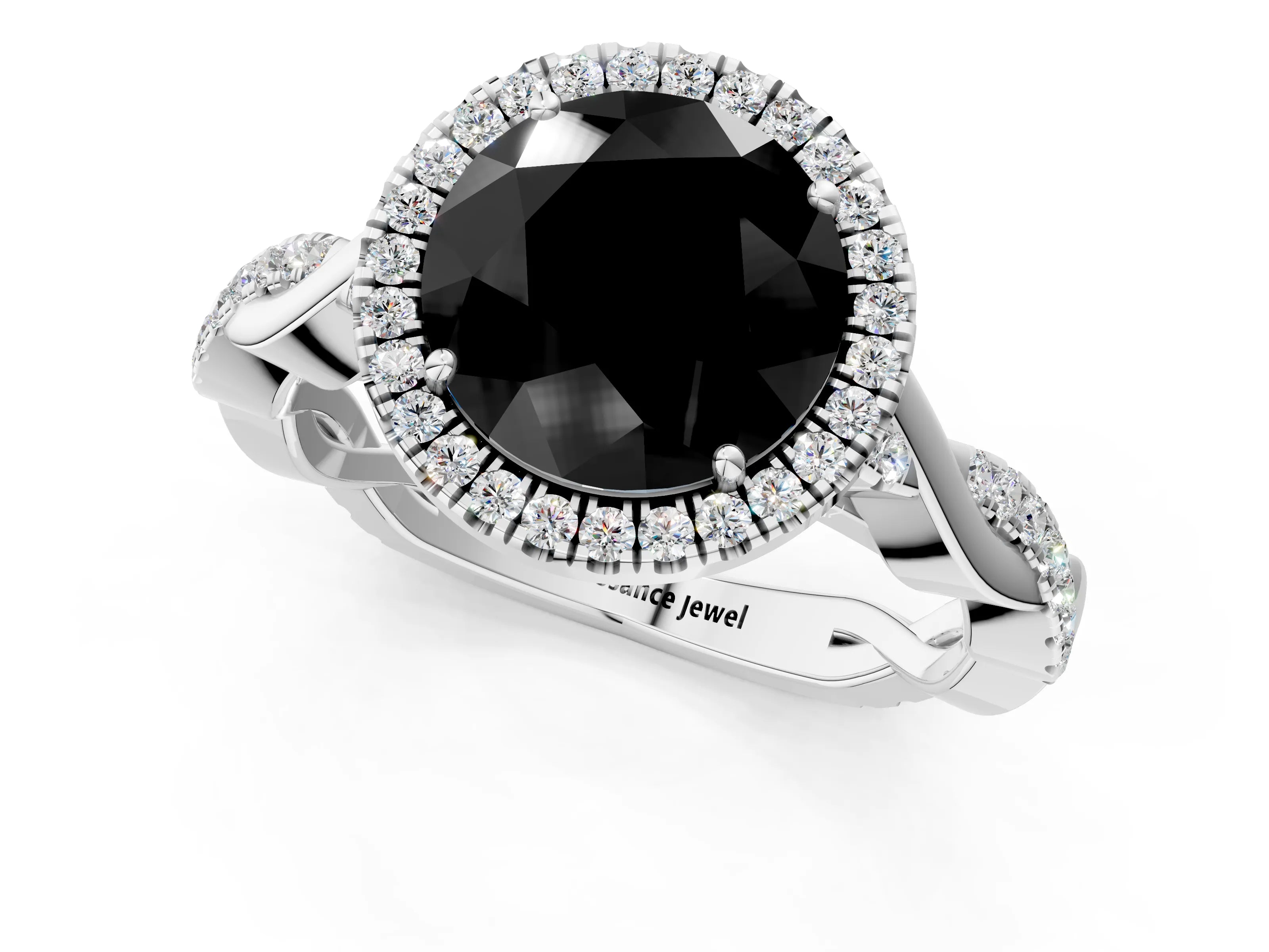 White gold Fancy Black Round Cut Halo Twist Band with Four-Prong Setting_73