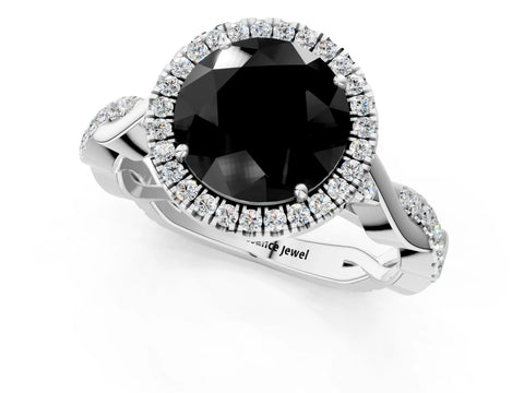 White gold Fancy Black Round Cut Halo Twist Band with Four-Prong Setting_73