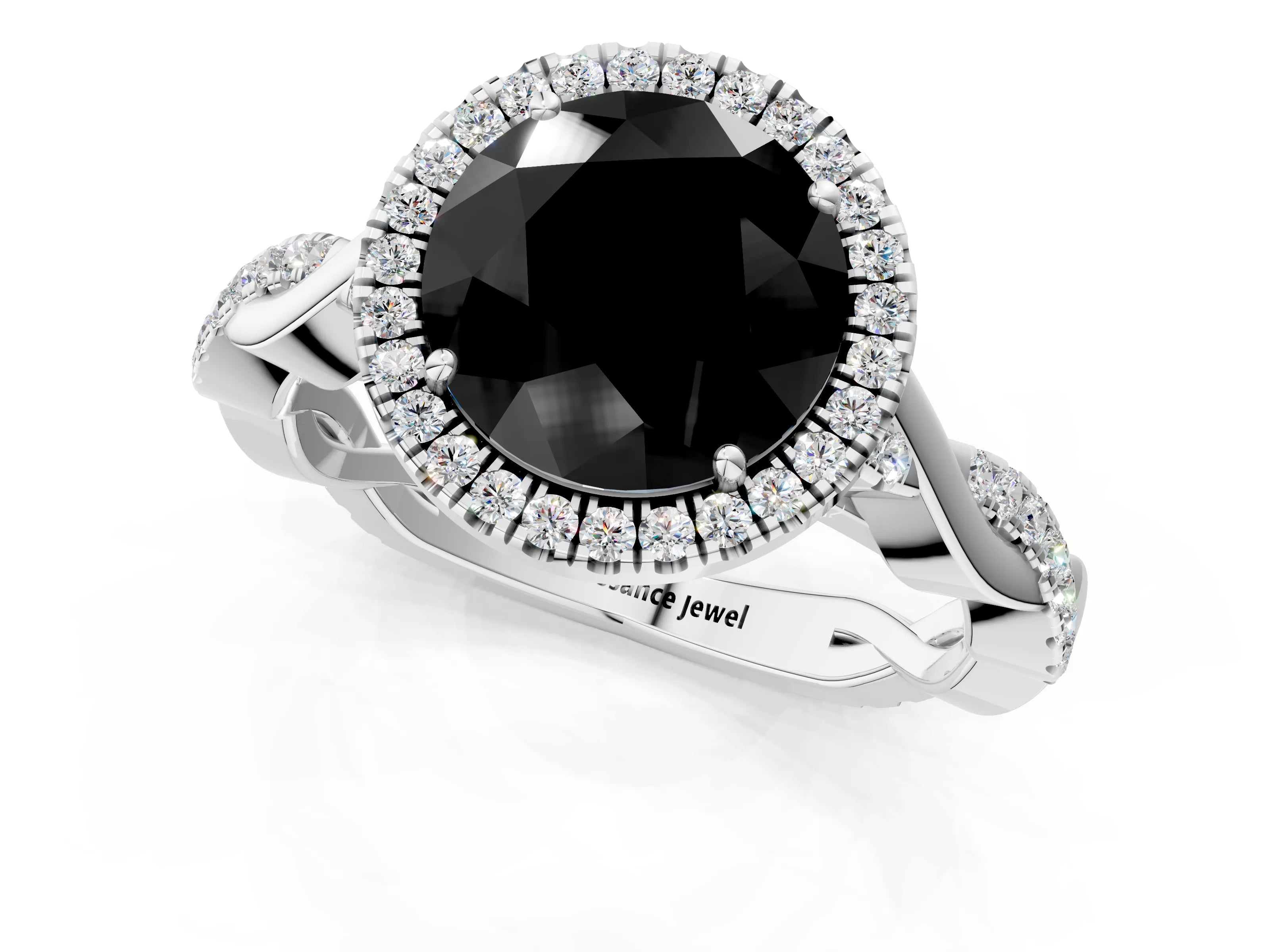 White gold Fancy Black Round Cut Halo Twist Band with Four-Prong Setting_73