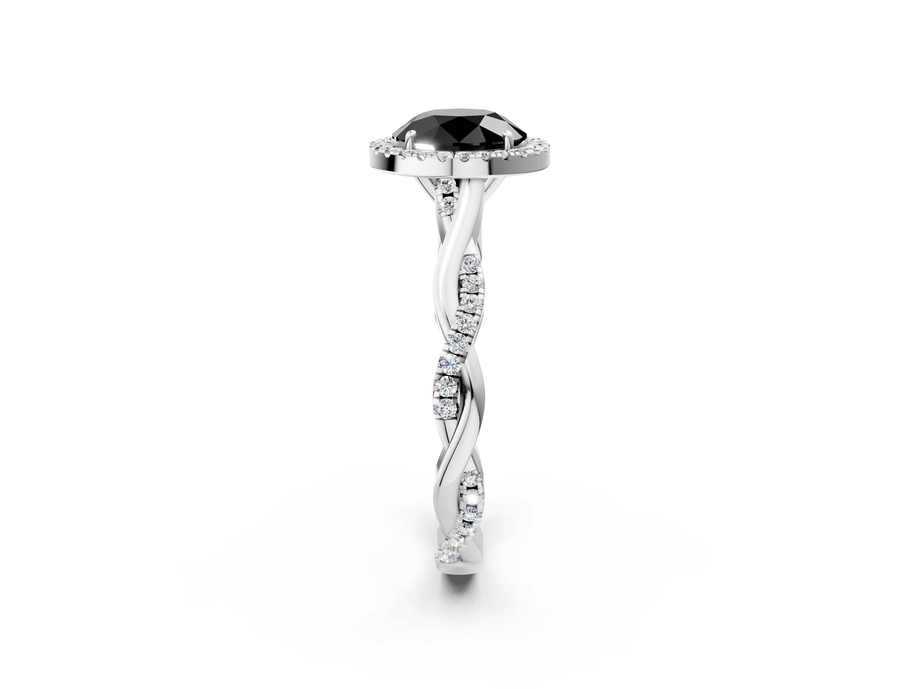 White gold Fancy Black Round Cut Halo Twist Band with Four-Prong Setting_74