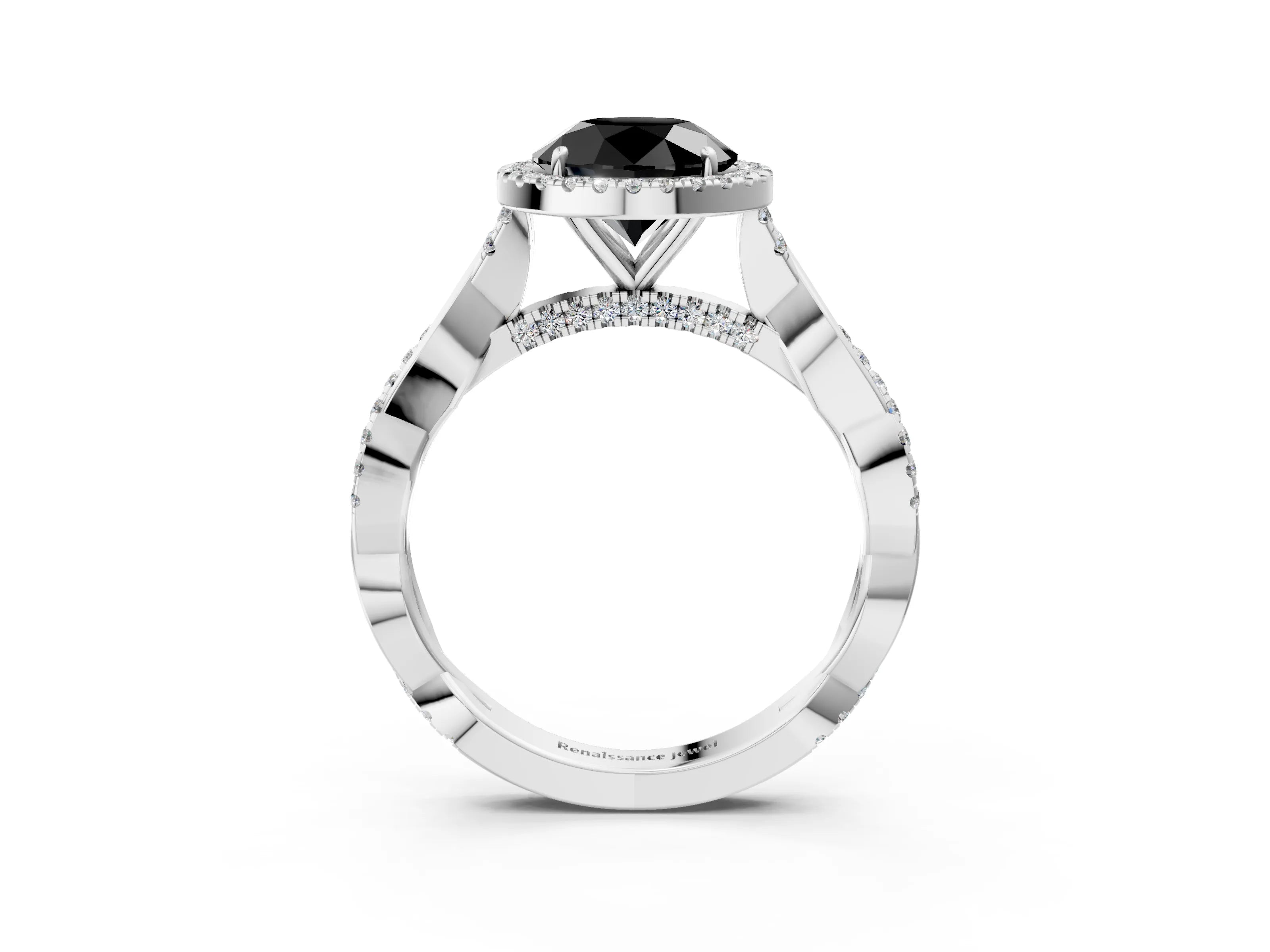 White gold Fancy Black Round Cut Halo Twist Band with Four-Prong Setting_75