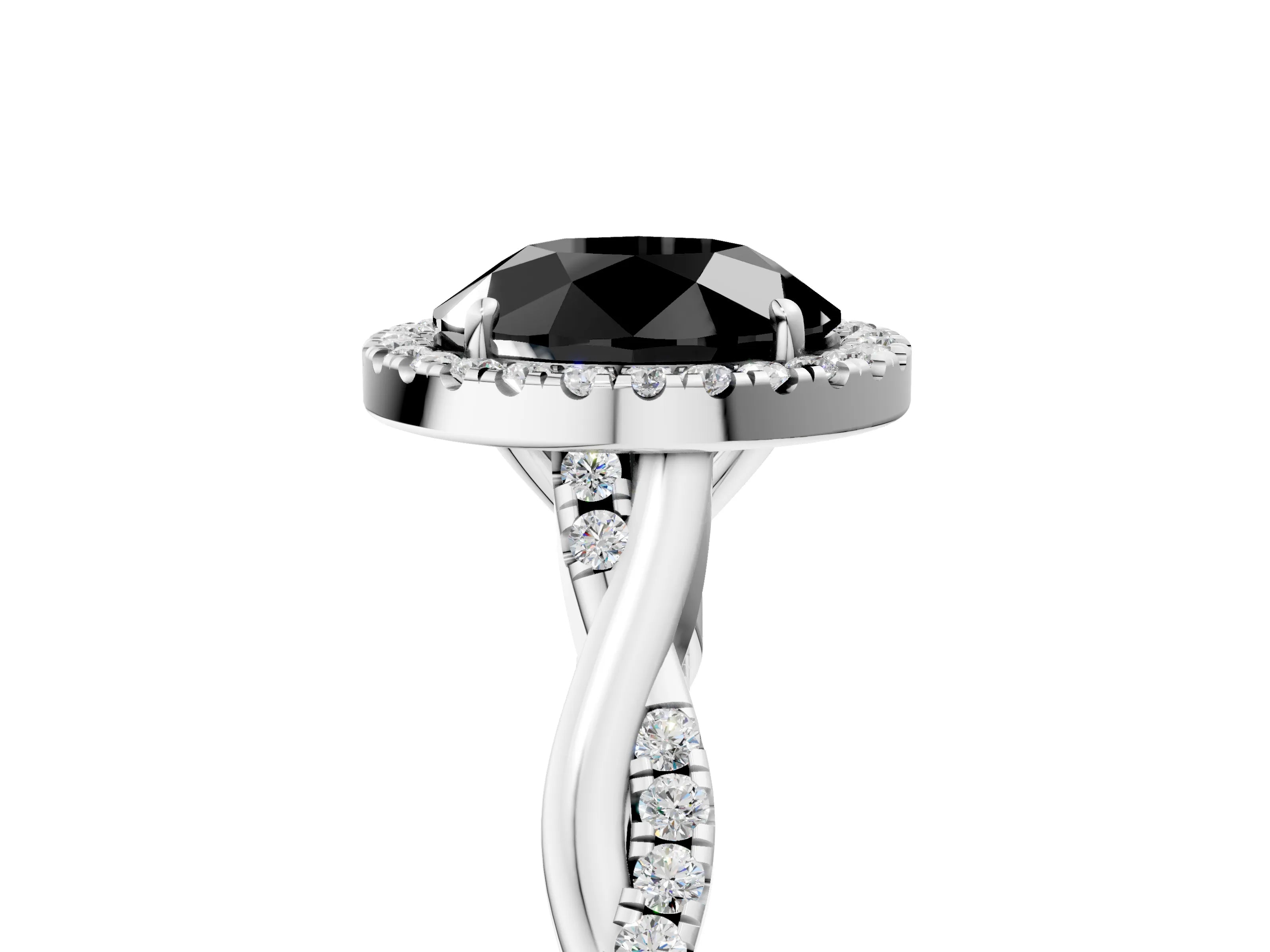 White gold Fancy Black Round Cut Halo Twist Band with Four-Prong Setting_77