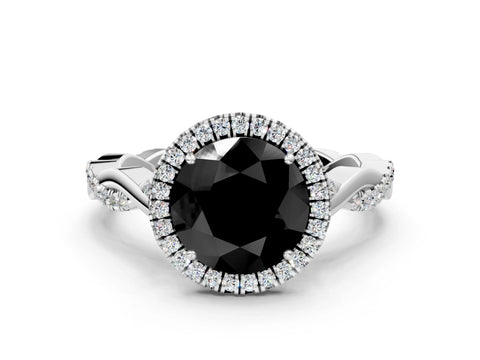 White gold Fancy Black Round Cut Halo Twist Band with Four-Prong Setting