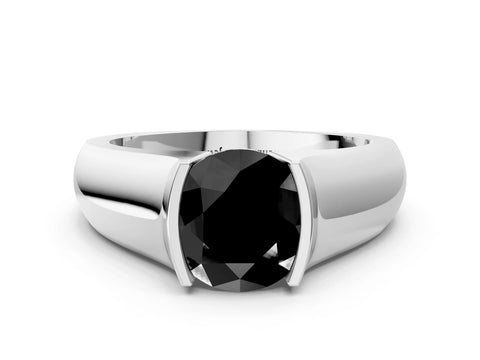 White gold Fancy Black Round Cut Solitaire Bezel Set Diamond Ring with Wide Band_12