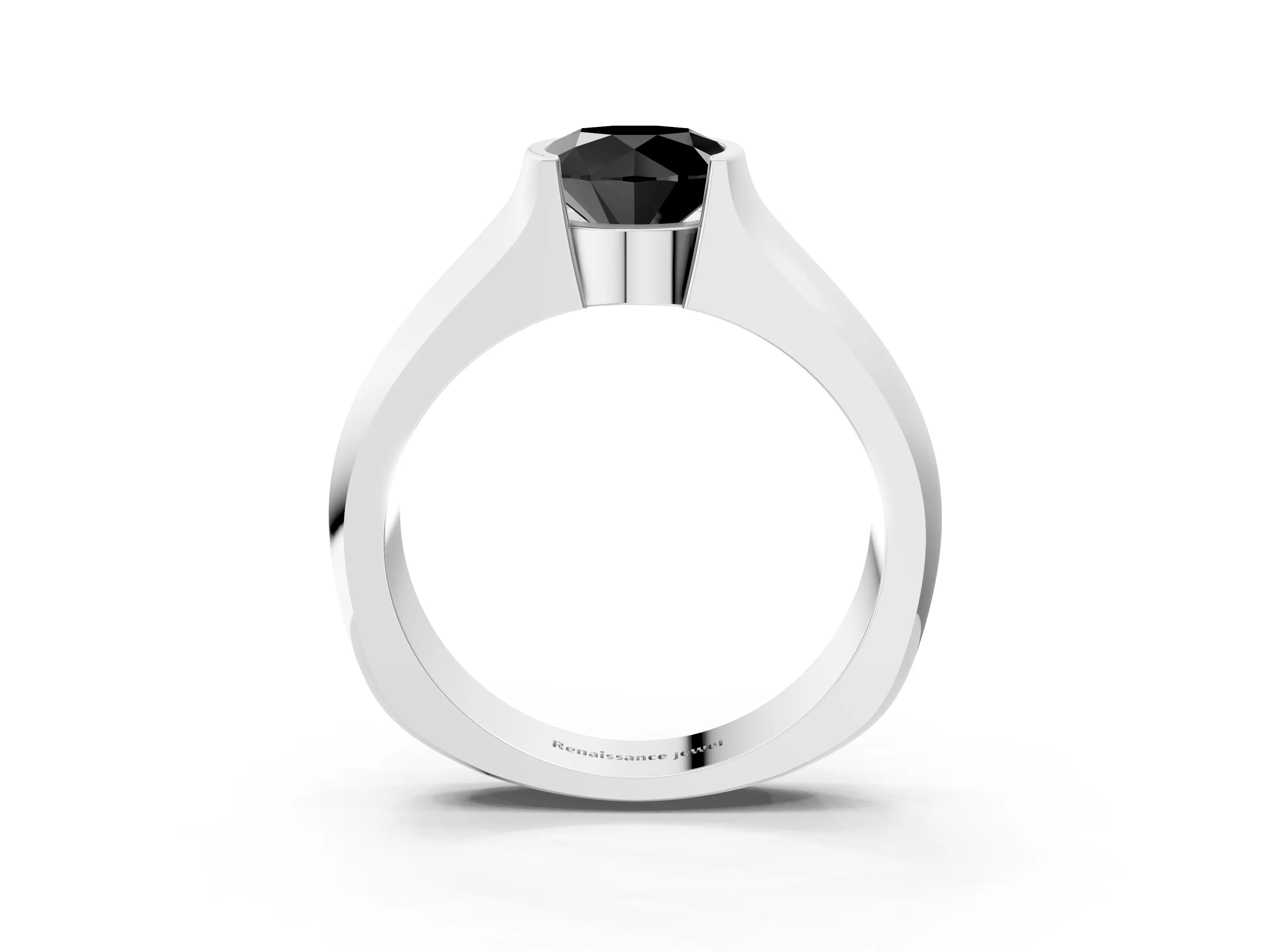 White gold Fancy Black Round Cut Solitaire Bezel Set Diamond Ring with Wide Band_15