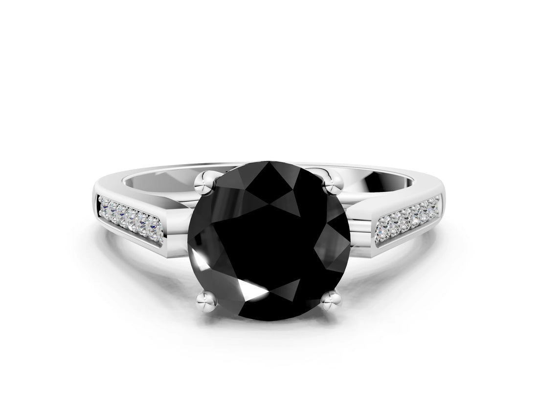 White gold Fancy Black Round Cut Solitaire Cathedral Diamond Engagement Ring with Channel-Set Band and Four-Prong Setting_15