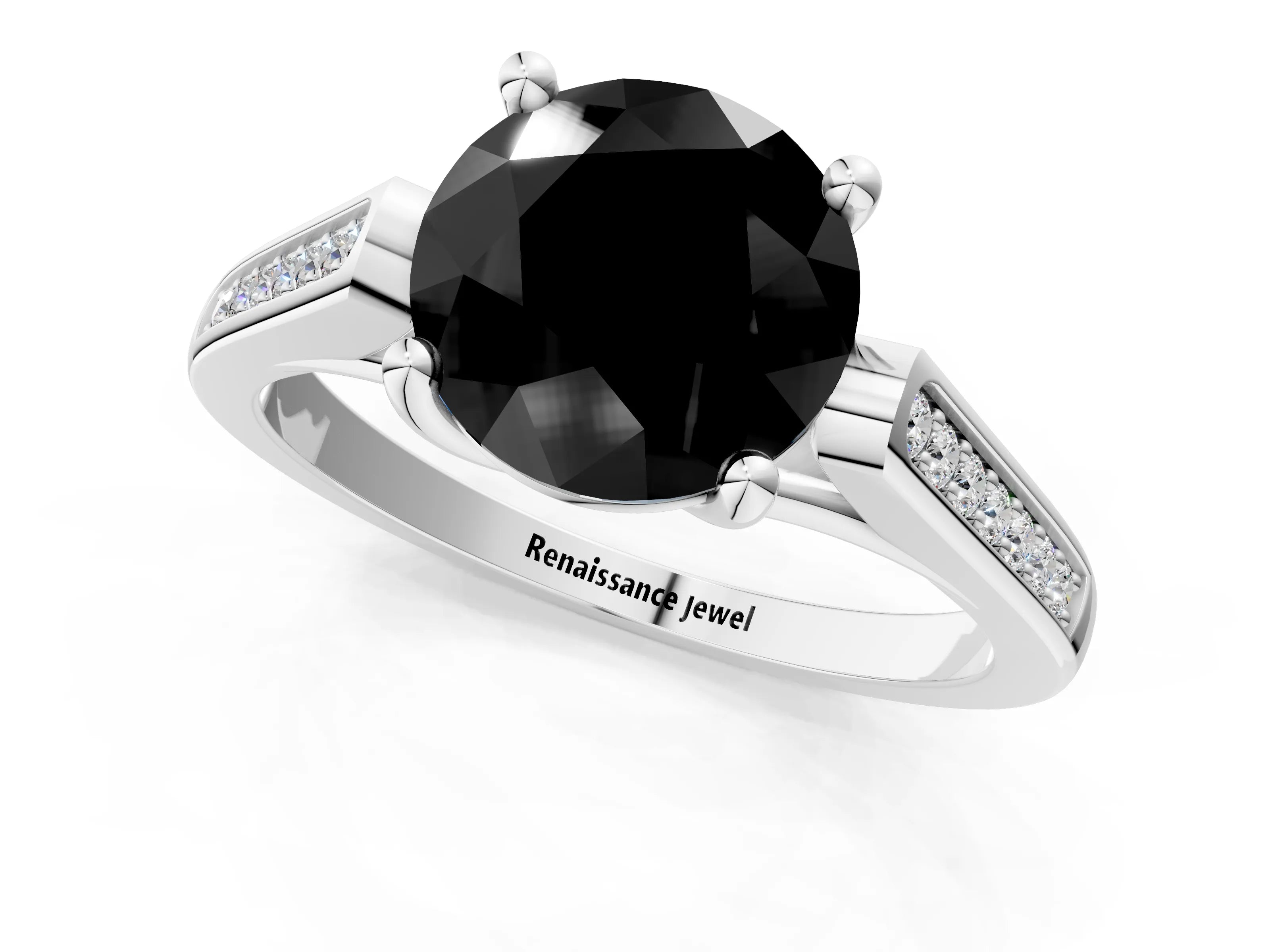 White gold Fancy Black Round Cut Solitaire Cathedral Diamond Engagement Ring with Channel-Set Band and Four-Prong Setting_16
