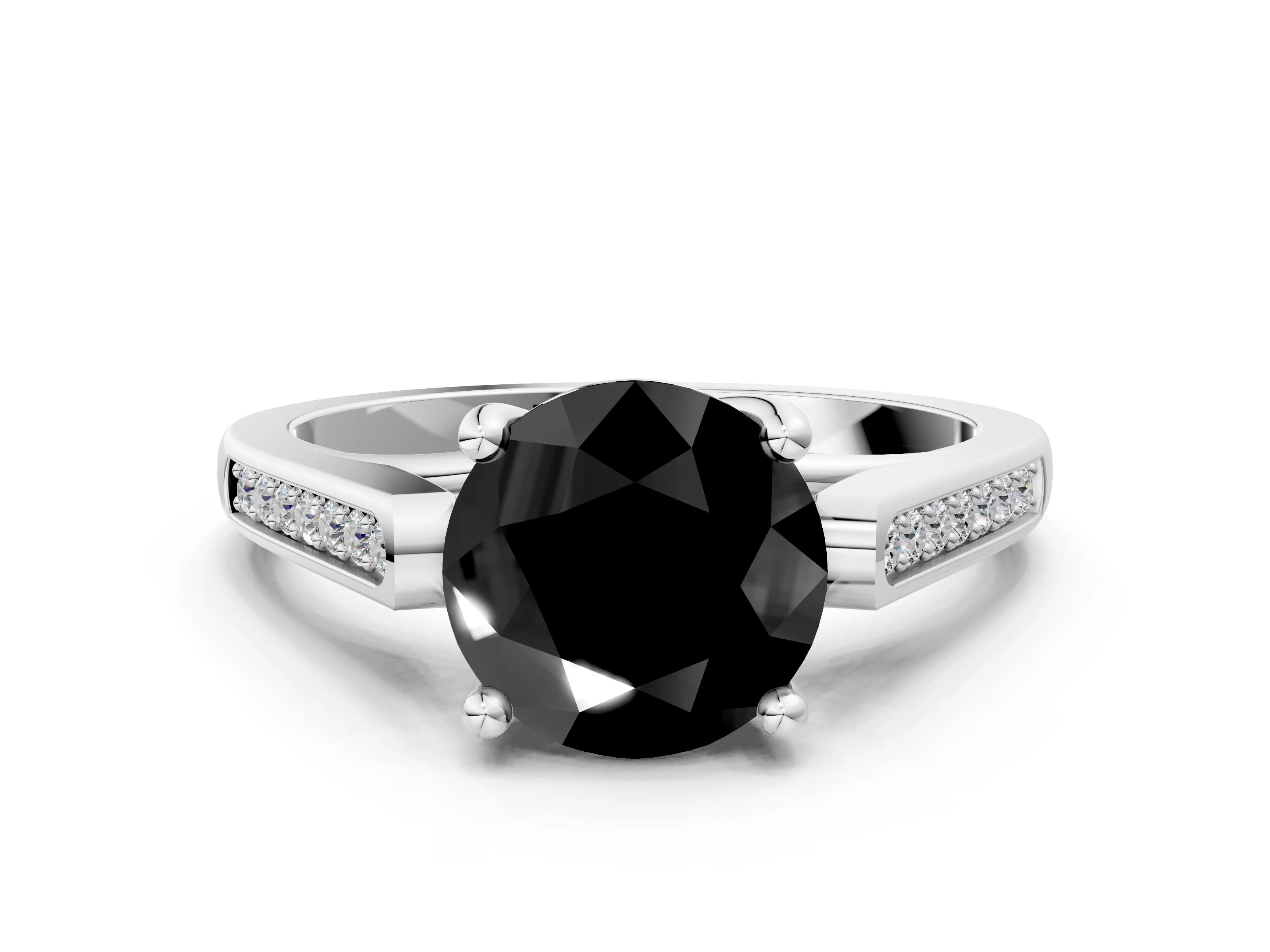 White gold Fancy Black Round Cut Solitaire Cathedral Diamond Engagement Ring with Channel-Set Band and Four-Prong Setting_3