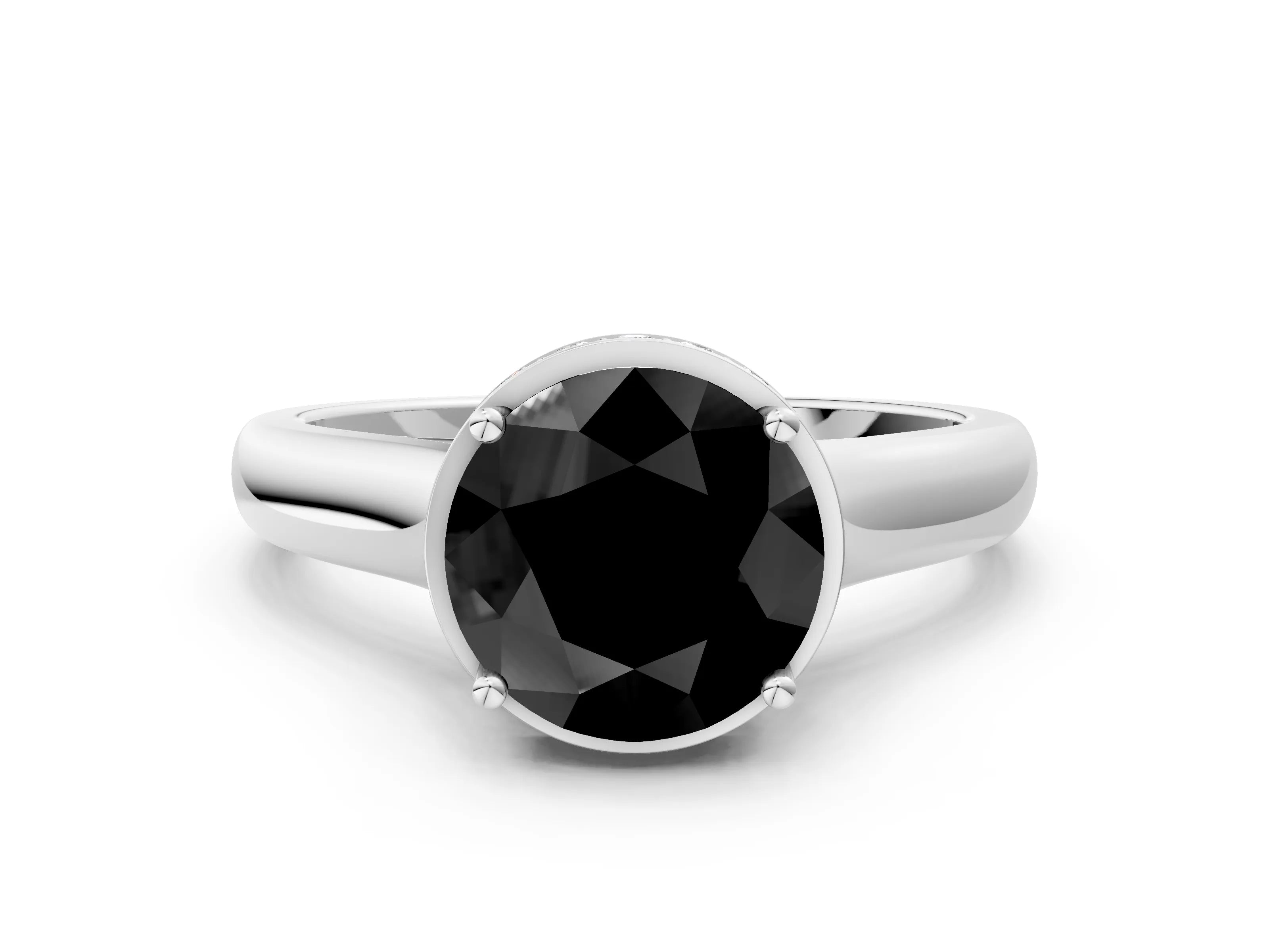 White gold Fancy Black Round Cut Solitaire Diamond Engagement Ring with Four-Prong Setting and Tapered Band