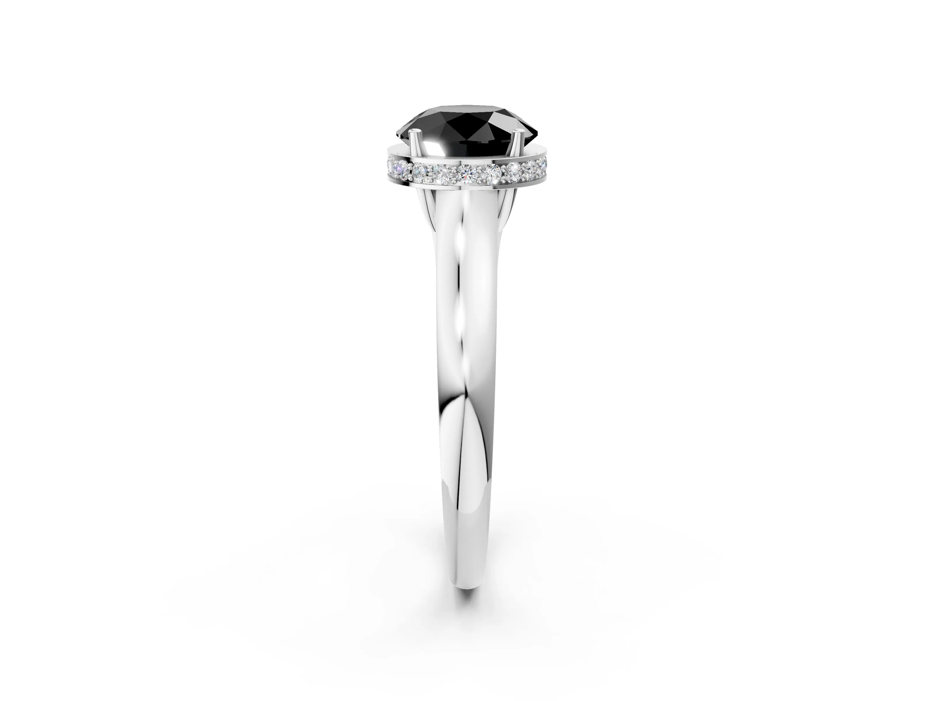 White gold Fancy Black Round Cut Solitaire Diamond Engagement Ring with Four-Prong Setting and Tapered Band_14