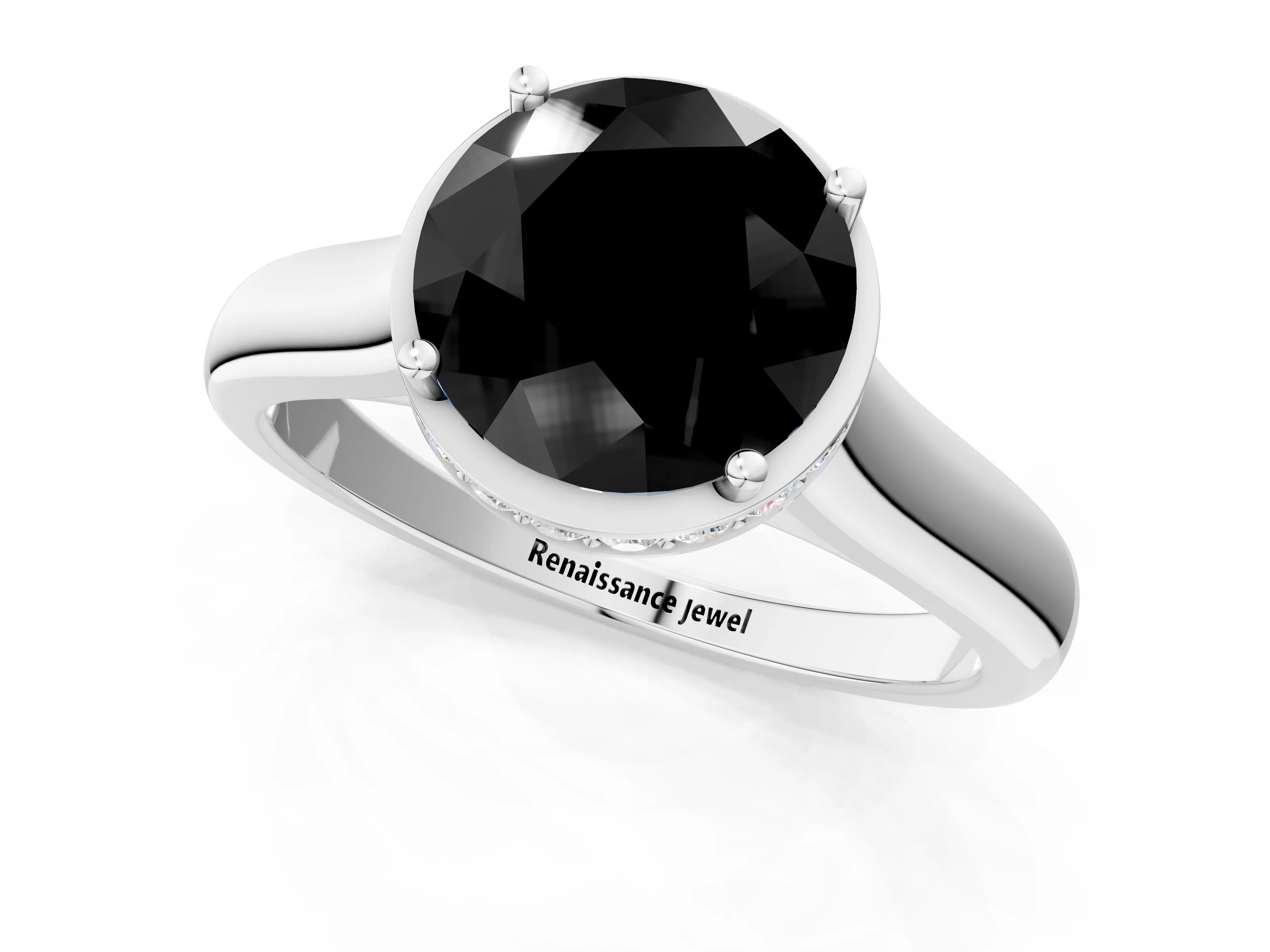 White gold Fancy Black Round Cut Solitaire Diamond Engagement Ring with Four-Prong Setting and Tapered Band_1