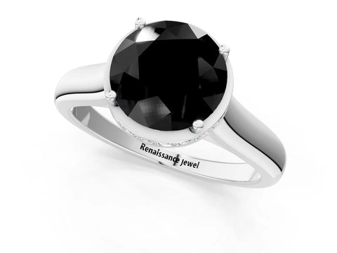 White gold Fancy Black Round Cut Solitaire Diamond Engagement Ring with Four-Prong Setting and Tapered Band_1