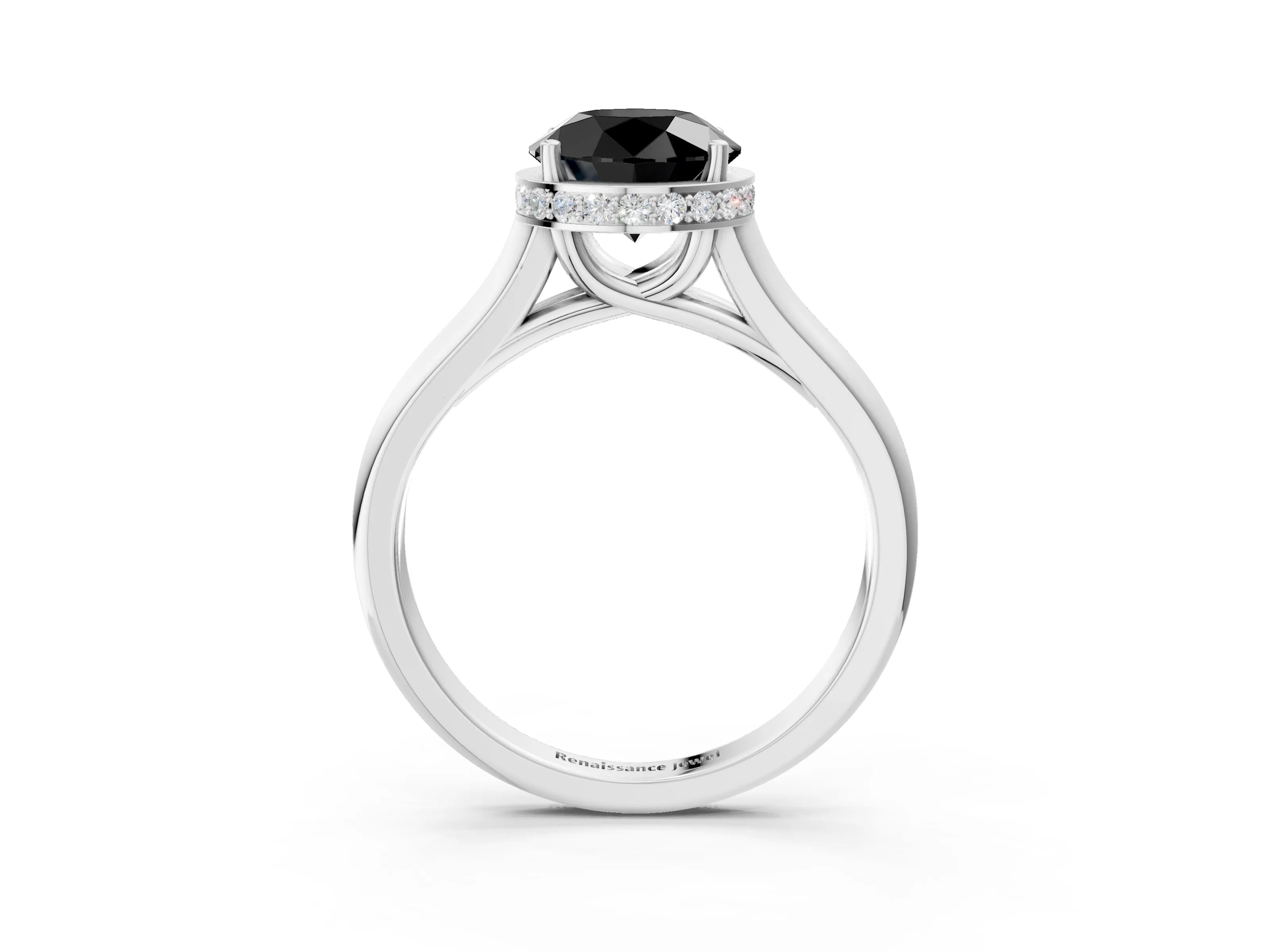 White gold Fancy Black Round Cut Solitaire Diamond Engagement Ring with Four-Prong Setting and Tapered Band_3