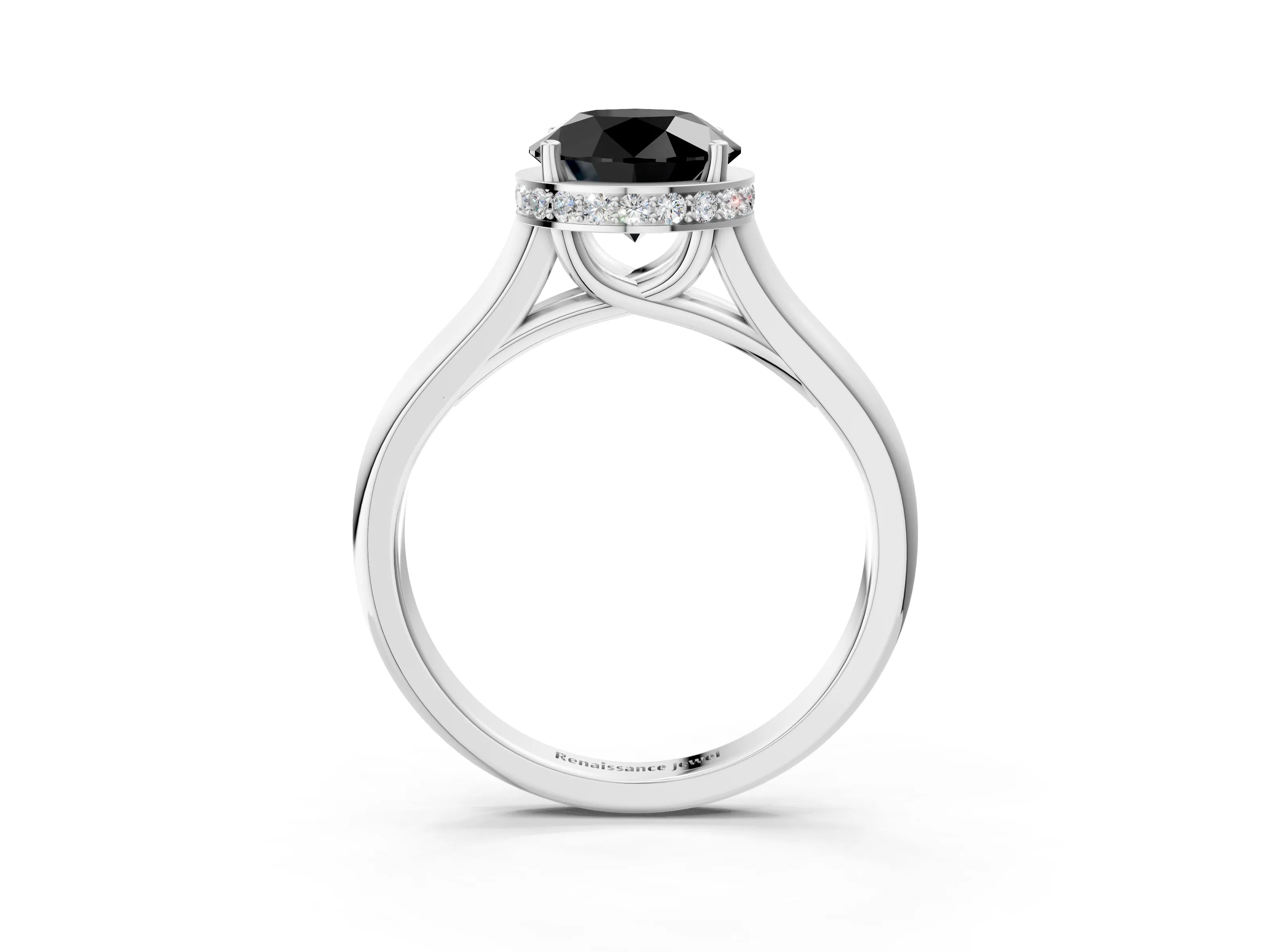 White gold Fancy Black Round Cut Solitaire Diamond Engagement Ring with Four-Prong Setting and Tapered Band_3