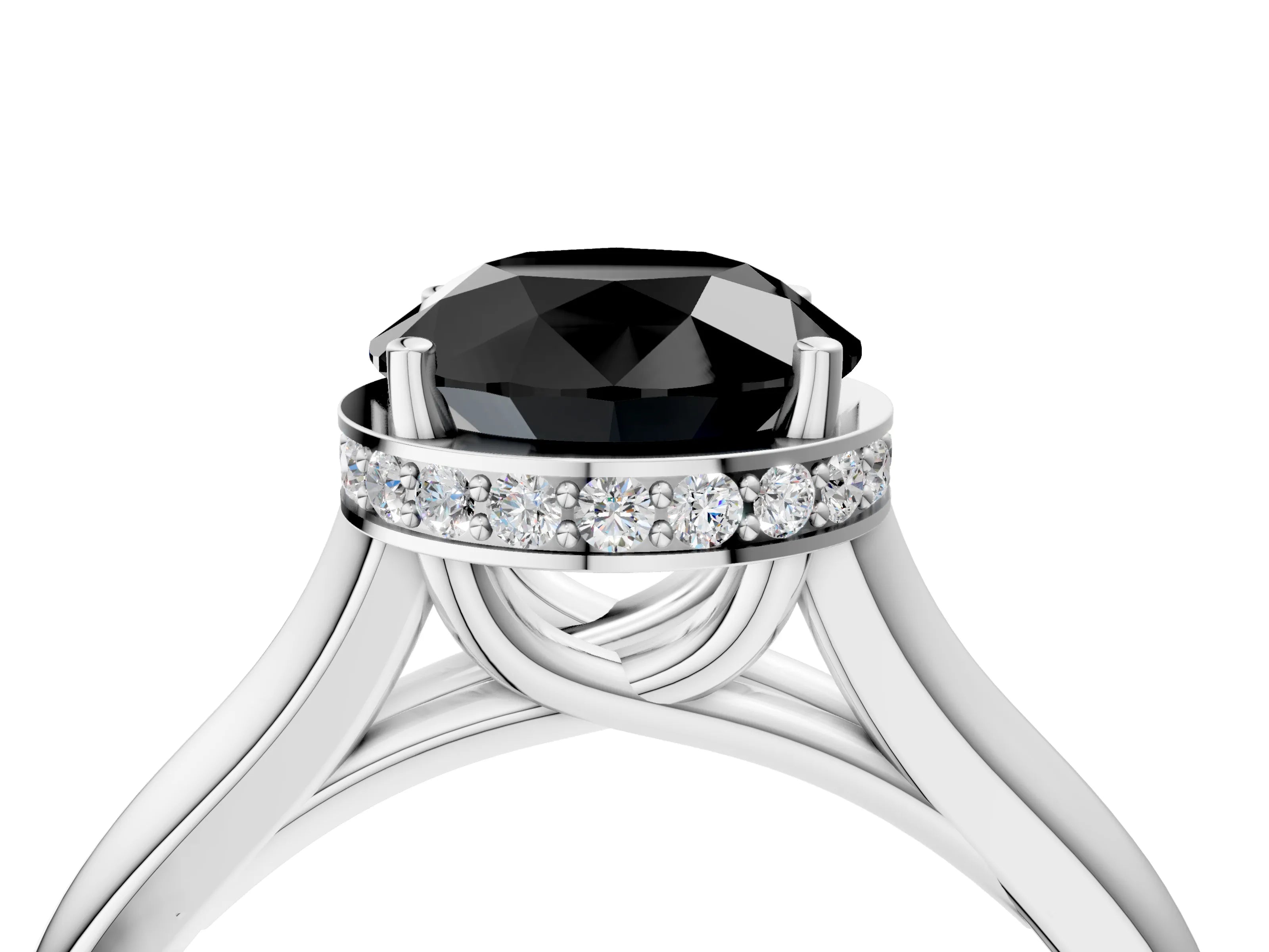 White gold Fancy Black Round Cut Solitaire Diamond Engagement Ring with Four-Prong Setting and Tapered Band_4