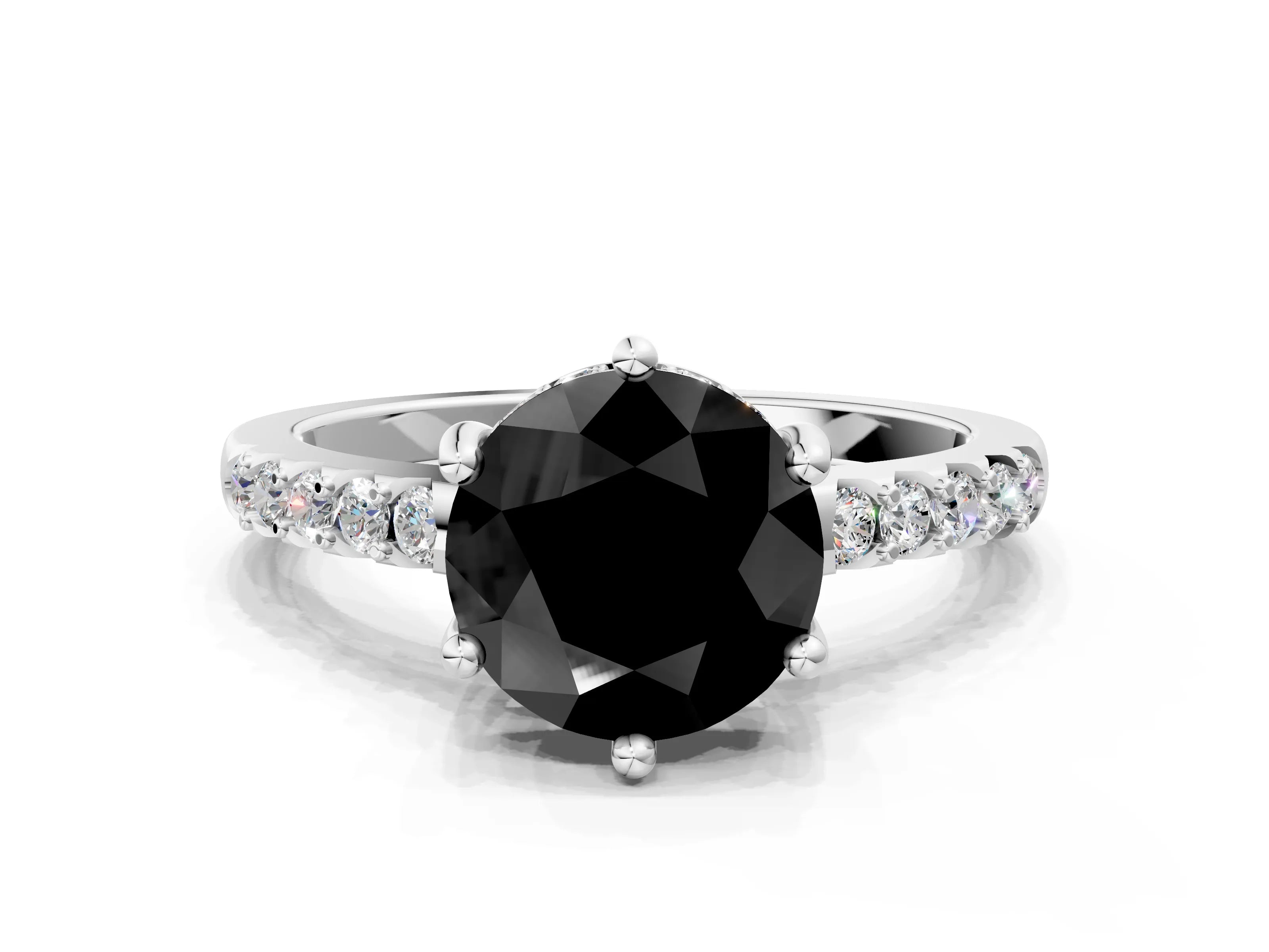 White gold Fancy Black Round Cut Solitaire Diamond Engagement Ring with Pavé Band and Six-Prong Setting