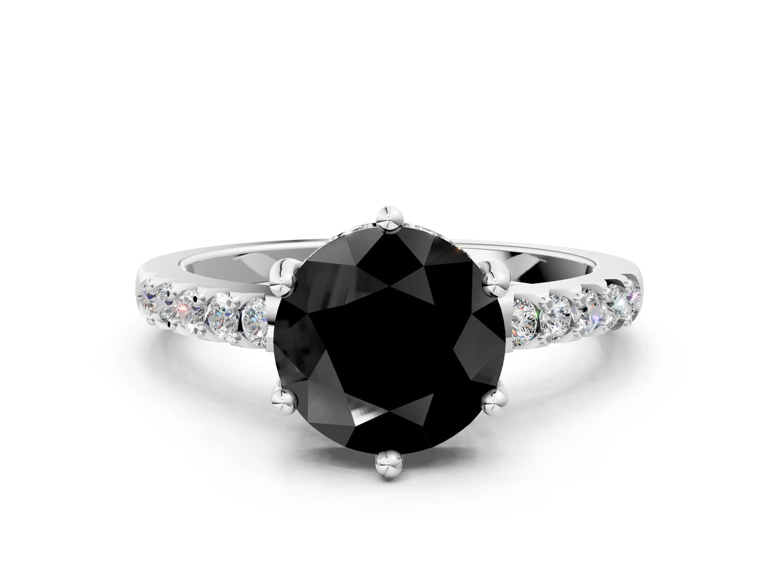 White gold Fancy Black Round Cut Solitaire Diamond Engagement Ring with Pavé Band and Six-Prong Setting_12