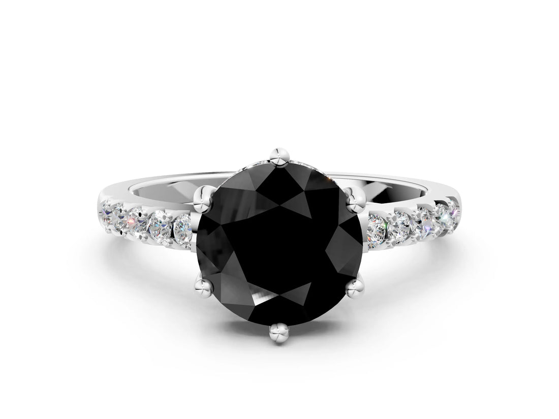 White gold Fancy Black Round Cut Solitaire Diamond Engagement Ring with Pavé Band and Six-Prong Setting_12