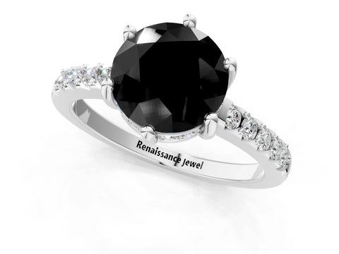 White gold Fancy Black Round Cut Solitaire Diamond Engagement Ring with Pavé Band and Six-Prong Setting_1