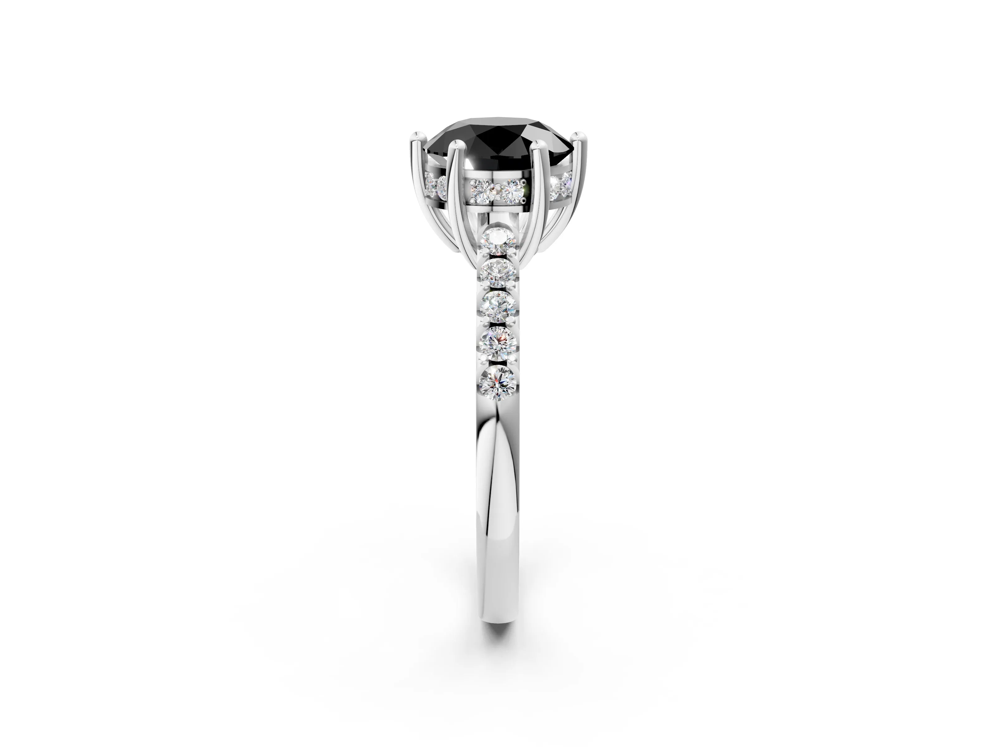 White gold Fancy Black Round Cut Solitaire Diamond Engagement Ring with Pavé Band and Six-Prong Setting_2
