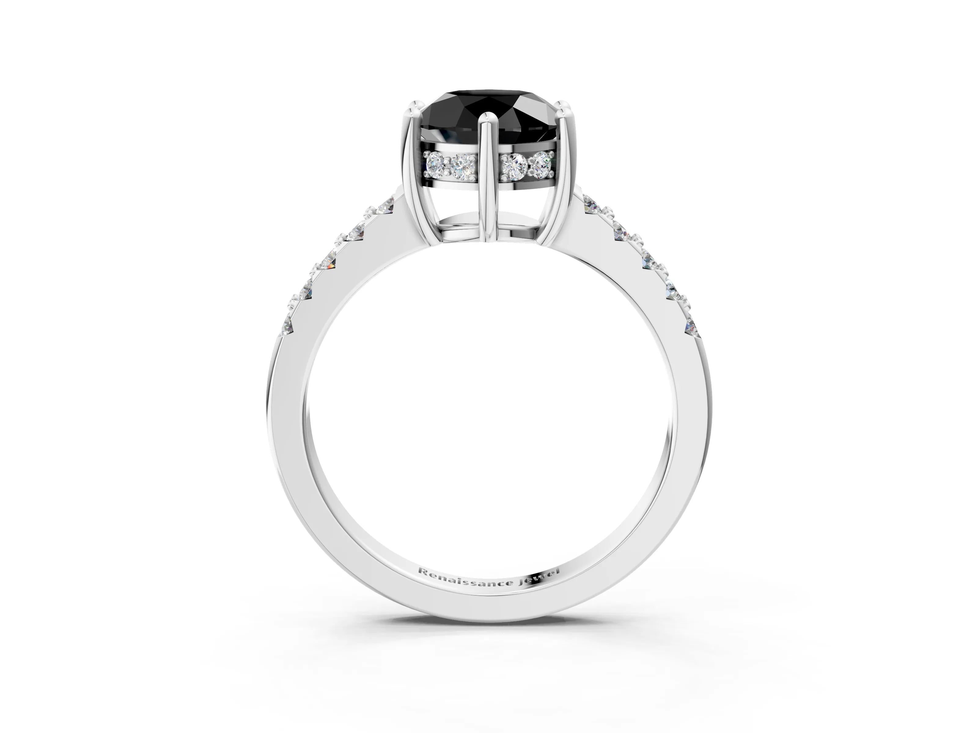 White gold Fancy Black Round Cut Solitaire Diamond Engagement Ring with Pavé Band and Six-Prong Setting_3