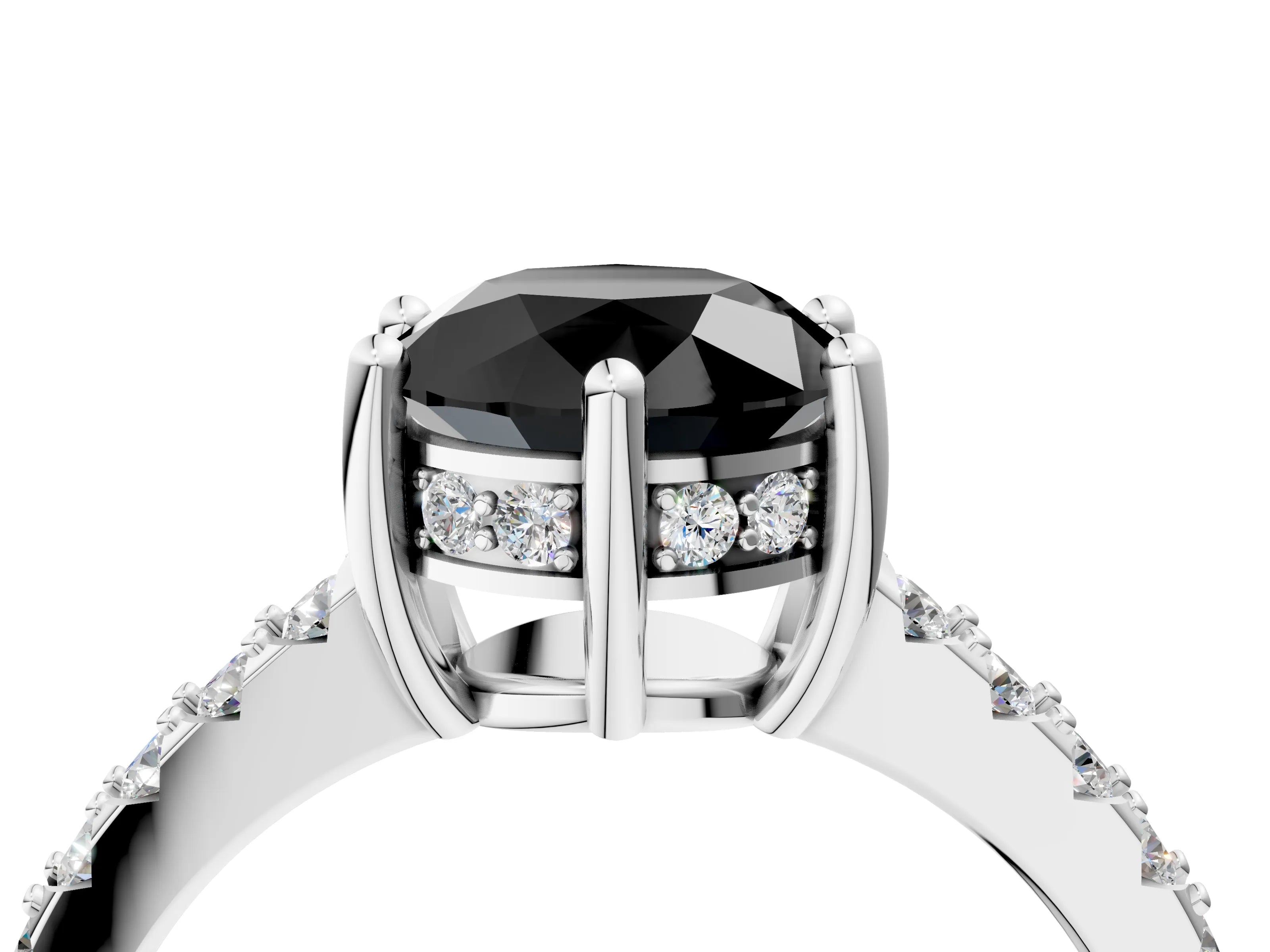 White gold Fancy Black Round Cut Solitaire Diamond Engagement Ring with Pavé Band and Six-Prong Setting_4