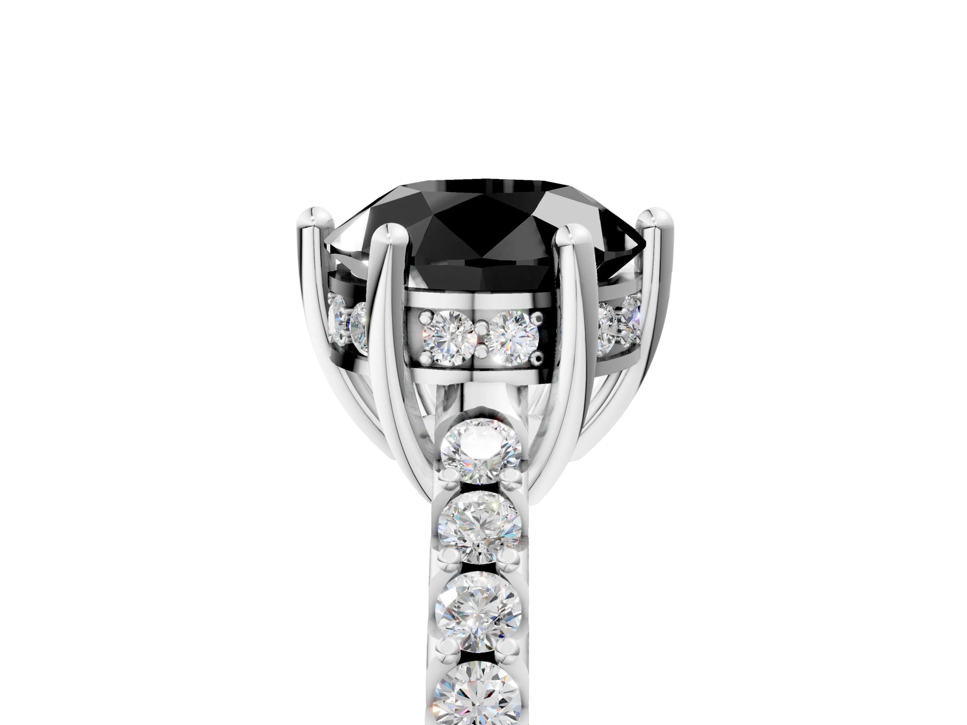 White gold Fancy Black Round Cut Solitaire Diamond Engagement Ring with Pavé Band and Six-Prong Setting_5