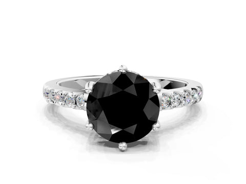 White gold Fancy Black Round Cut Solitaire Diamond Engagement Ring with Pavé Band and Six-Prong Setting