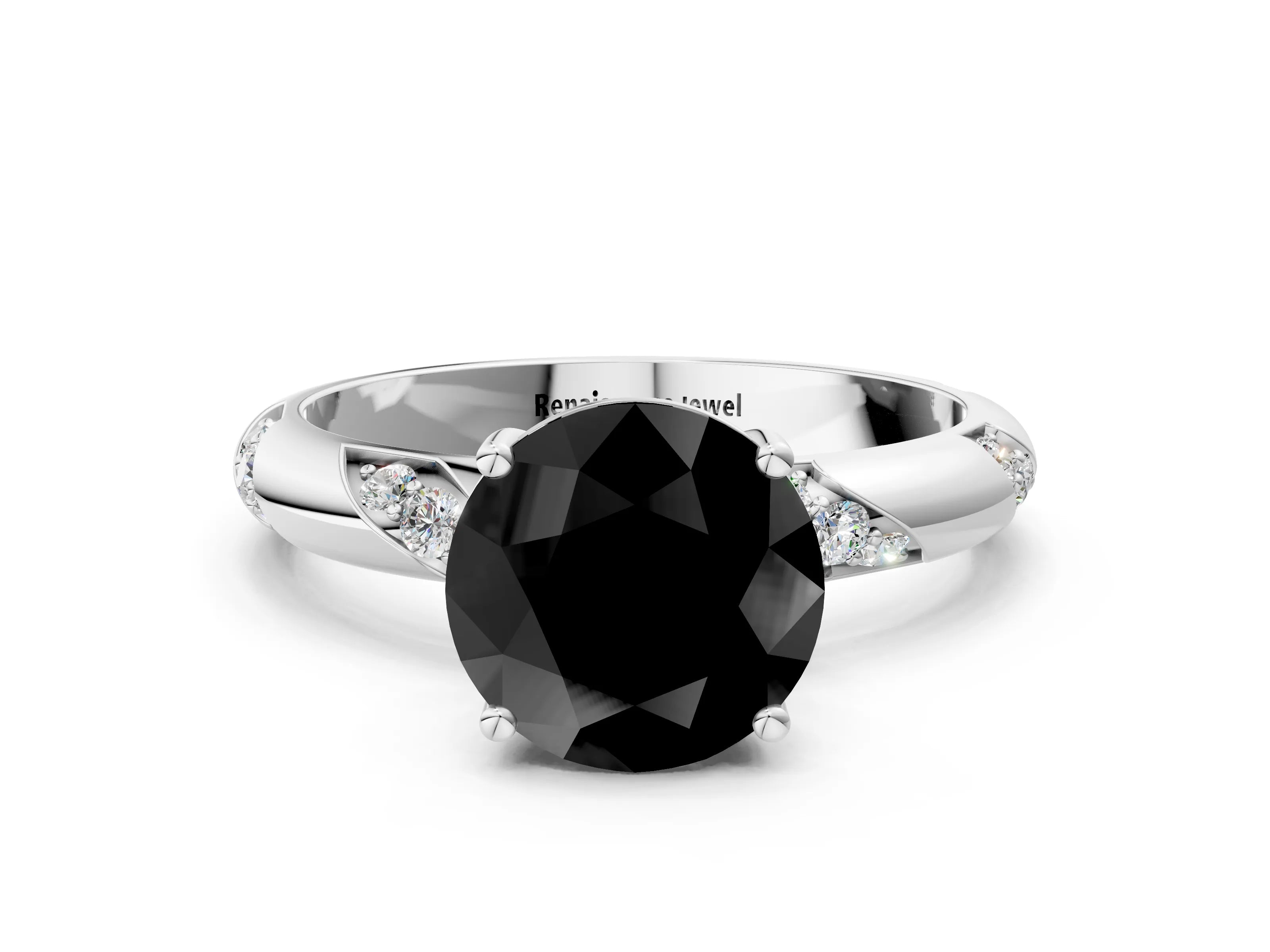 White gold Fancy Black Round Cut Solitaire Diamond Engagement Ring with Twisted Pave Band and Four-Prong Setting_61