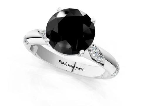 White gold Fancy Black Round Cut Solitaire Diamond Engagement Ring with Twisted Pave Band and Four-Prong Setting_62