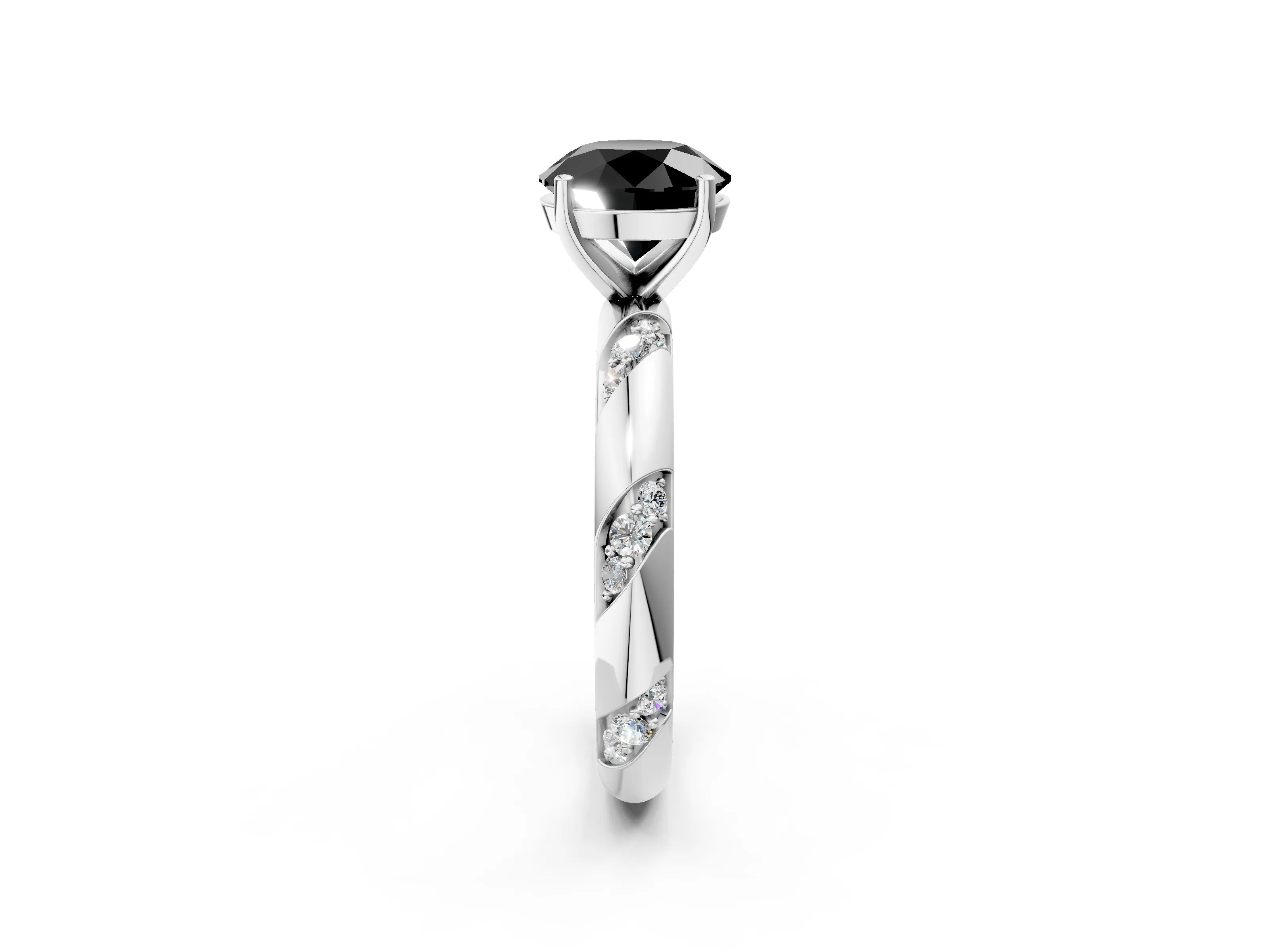 White gold Fancy Black Round Cut Solitaire Diamond Engagement Ring with Twisted Pave Band and Four-Prong Setting_67